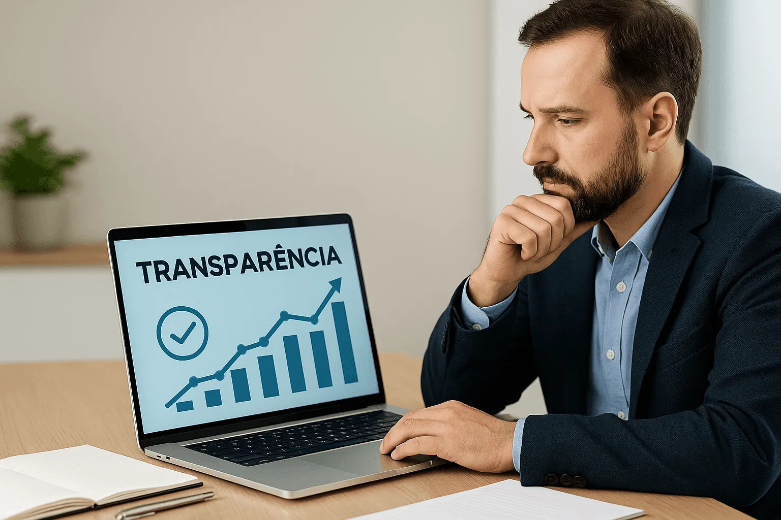 Servidor público analisando indicadores de transparência e desempenho em notebook com a palavra “Transparência” na tela, simbolizando accountability e confiança na gestão pública.