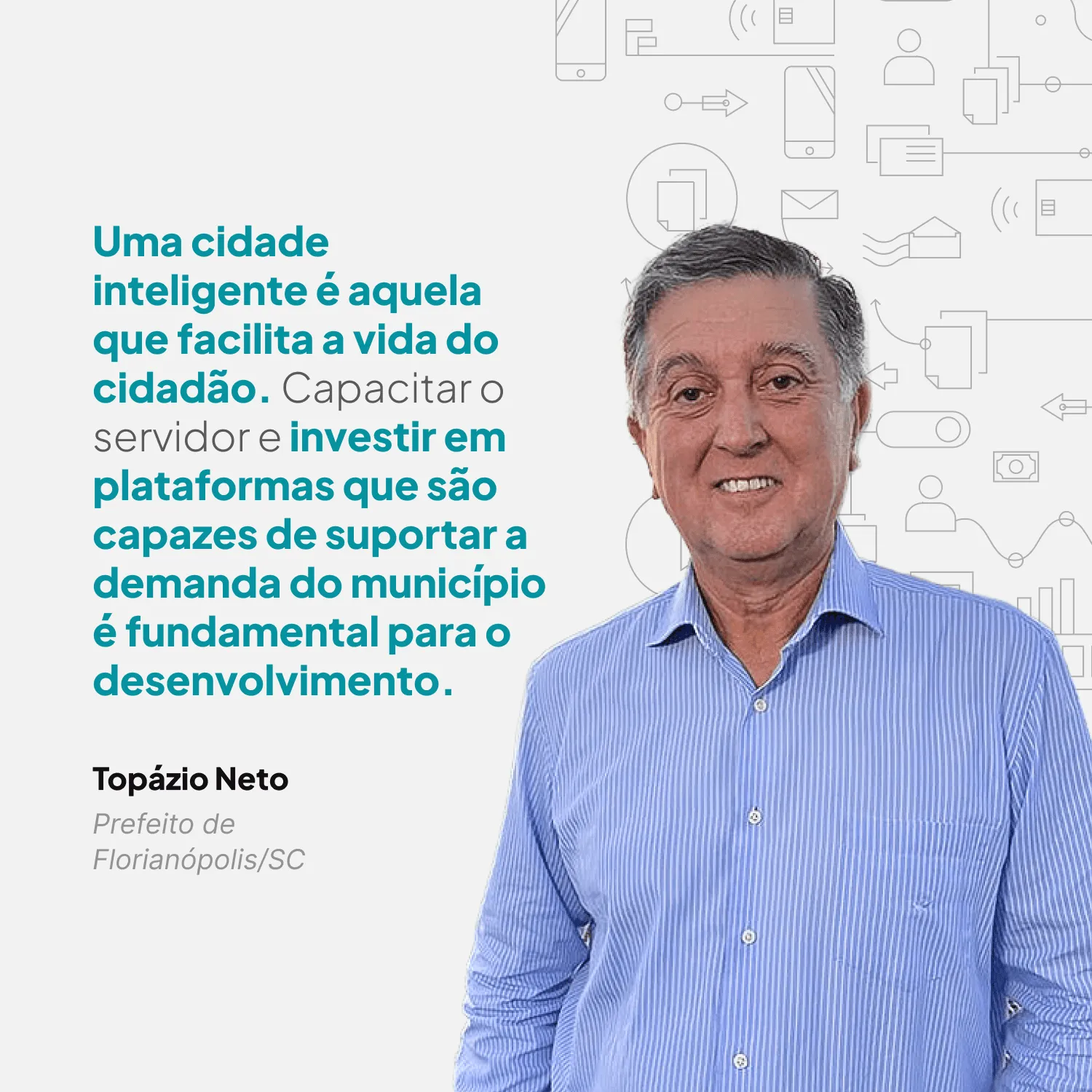 Prefeito Topázio Neto, de Florianópolis, ao lado de citação sobre cidades inteligentes e a importância da tecnologia na gestão pública municipal.