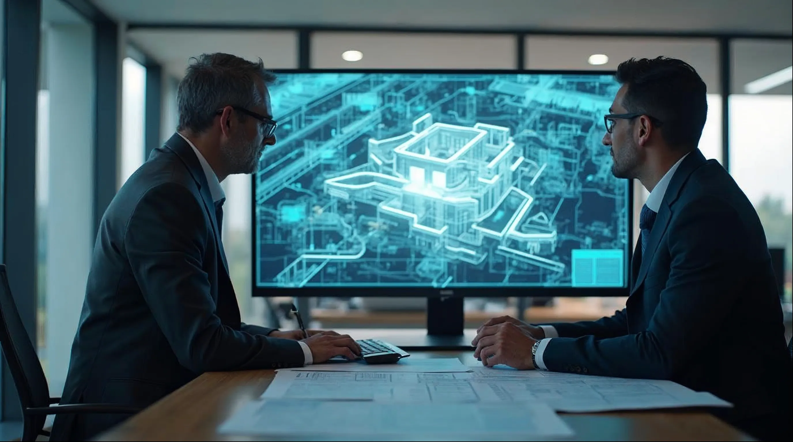 Equipe municipal analisando projeto de construção em processo digital