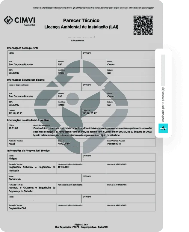 Modelo de licença digital da Aprova com destaque para assinatura digital e QR code de autenticidade