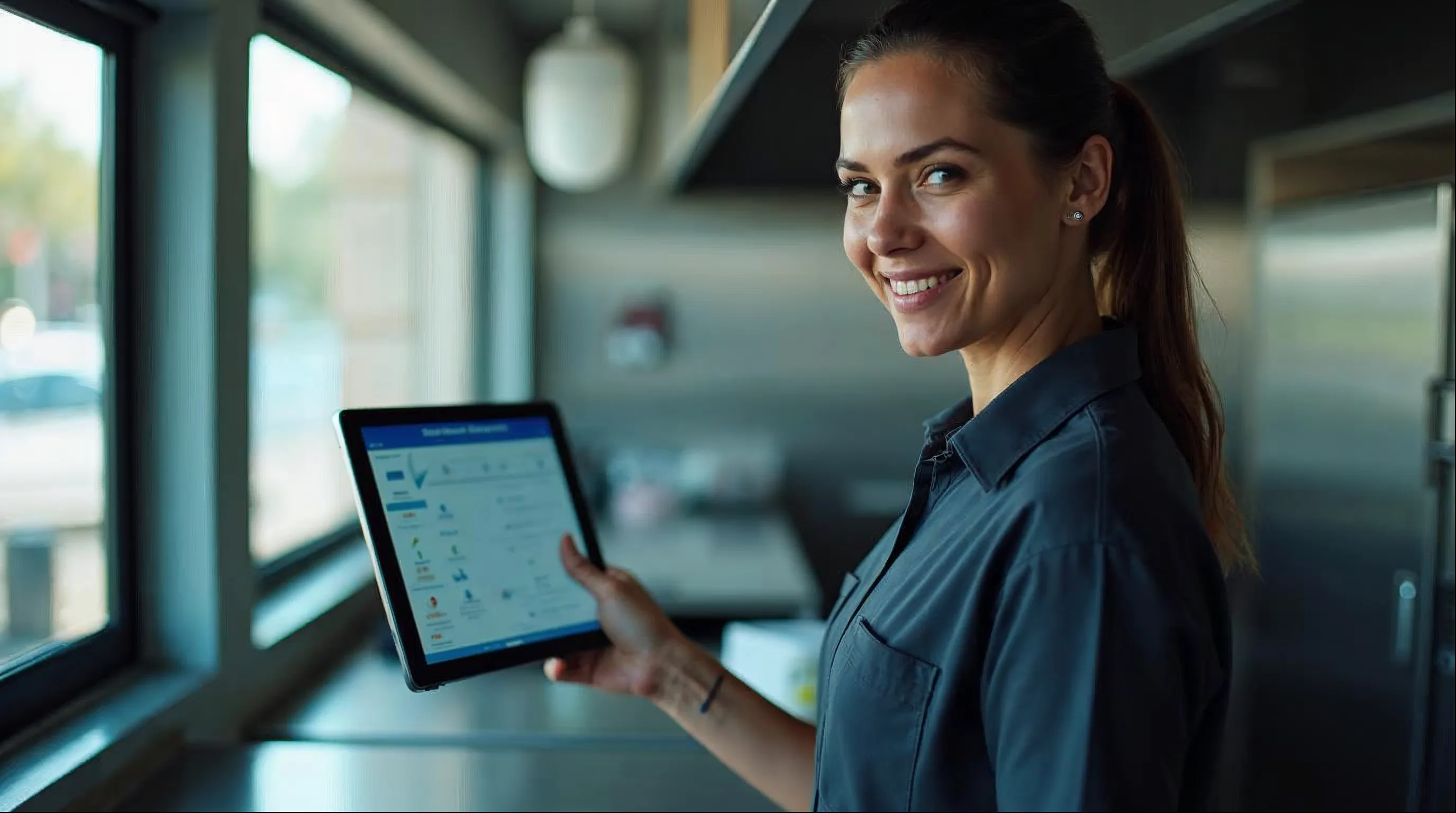 Fiscal da vigilância sanitária realizando vistoria com tablet em estabelecimento comercial