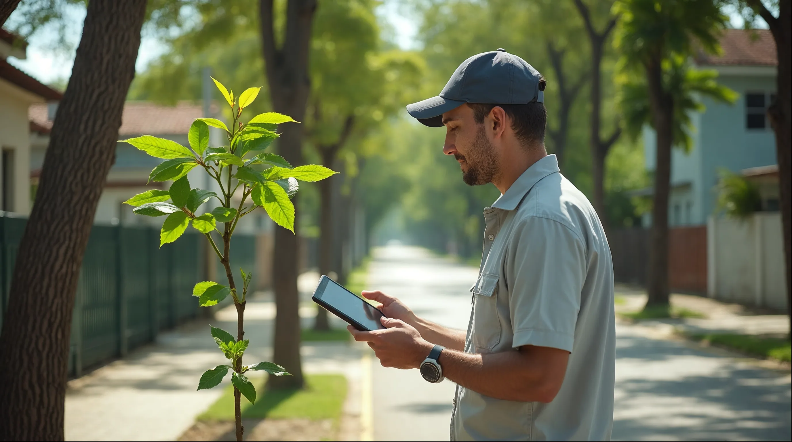 Técnico da secretaria de meio ambiente com tablet inspecionando uma muda plantada em calçada de rua residencial
