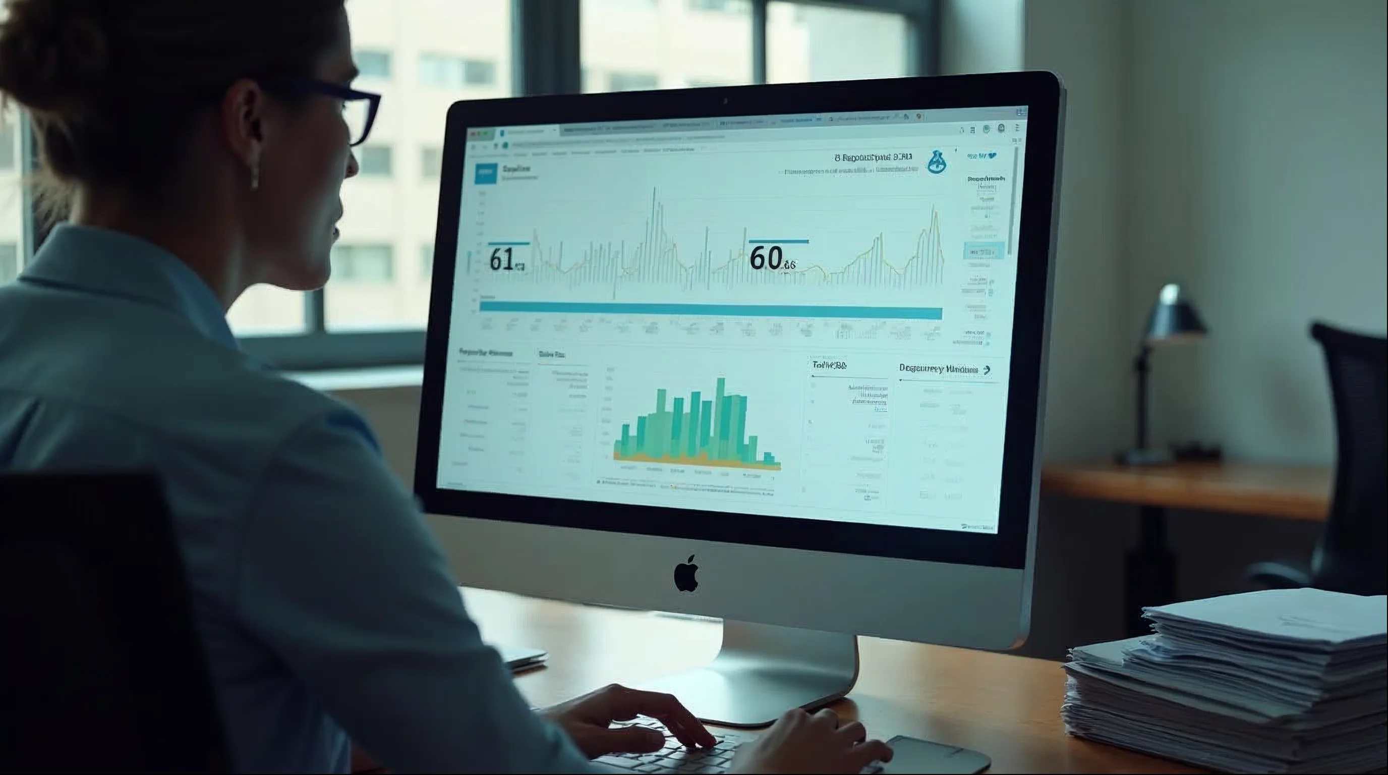 Servidora pública analisa dados de arrecadação de IPTU em dashboard digital