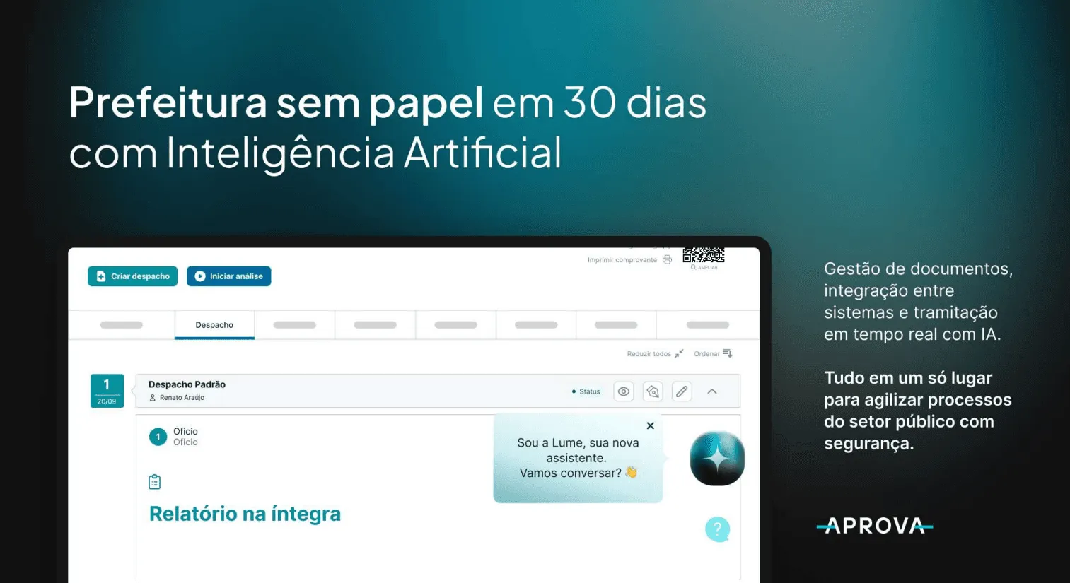 Banner da Aprova com texto: "Prefeitura sem papel em 30 dias com Inteligência Artificial", mostrando tela de sistema com gestão de documentos e integração entre sistemas.