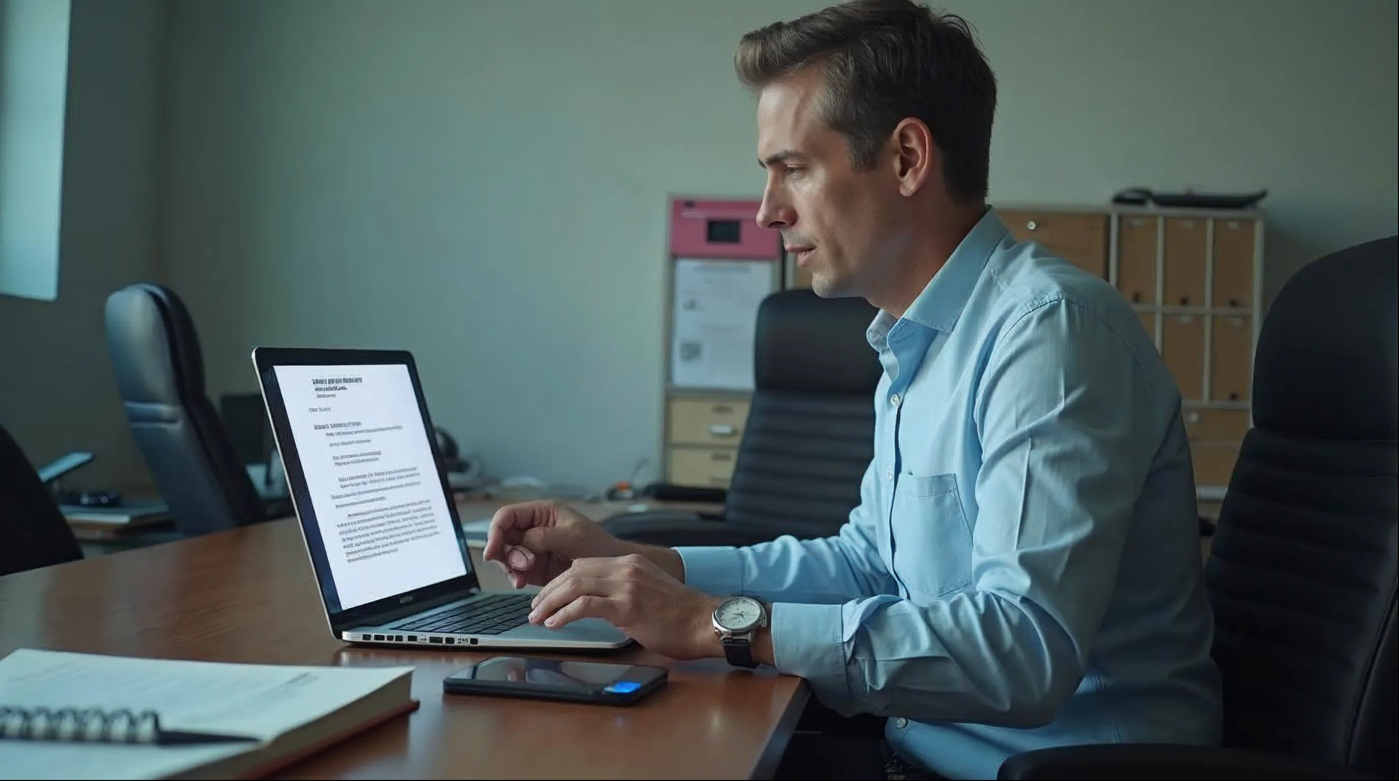 Servidor público analisando em um notebook um documento administrativo assinado eletronicamente, em escritório de prefeitura.