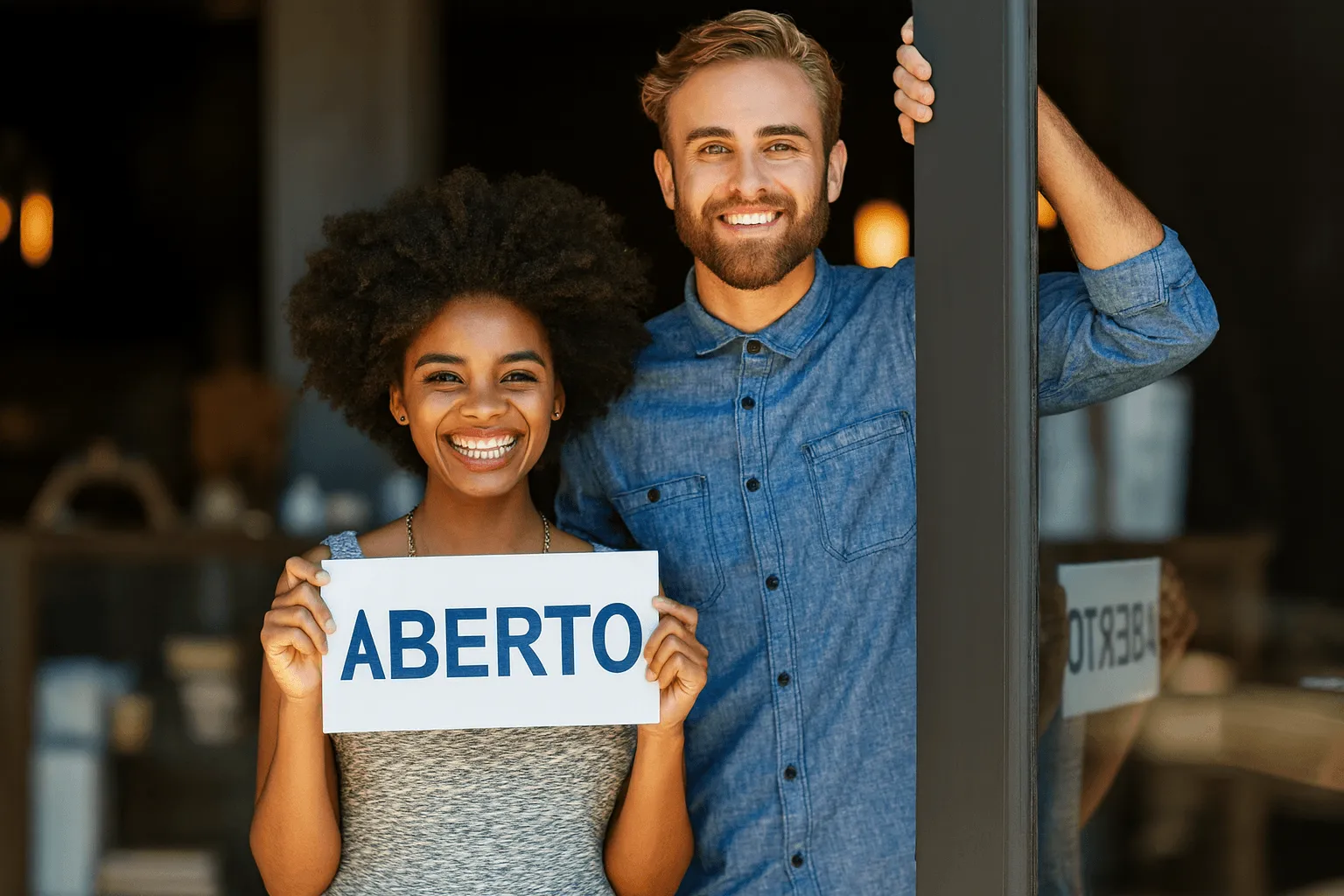 Casal sorridente na entrada de um pequeno negócio segurando uma placa com a palavra ‘ABERTO’, representando abertura de empresas e atividades de baixo risco.