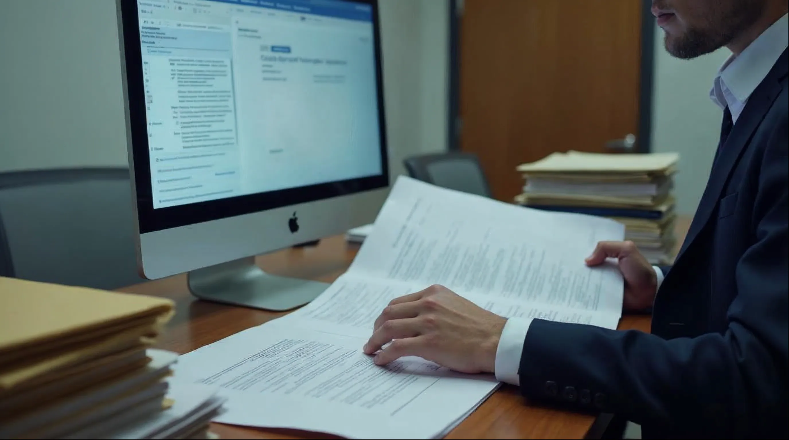 Servidor municipal analisando um processo administrativo impresso e a tela de um sistema de tramitação em uma mesa de repartição pública