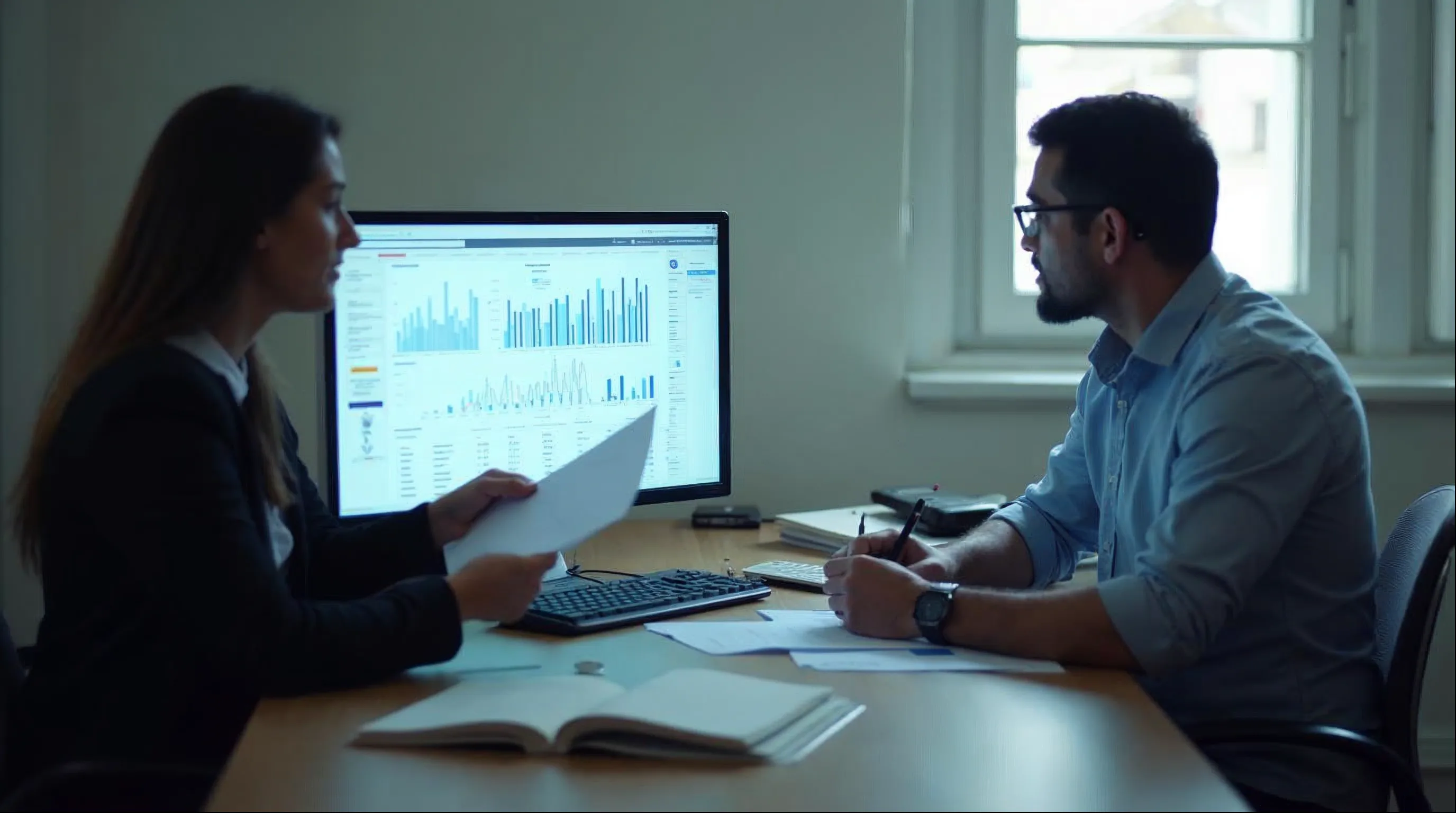 Secretário municipal e técnico analisando indicadores de gestão em um painel no computador