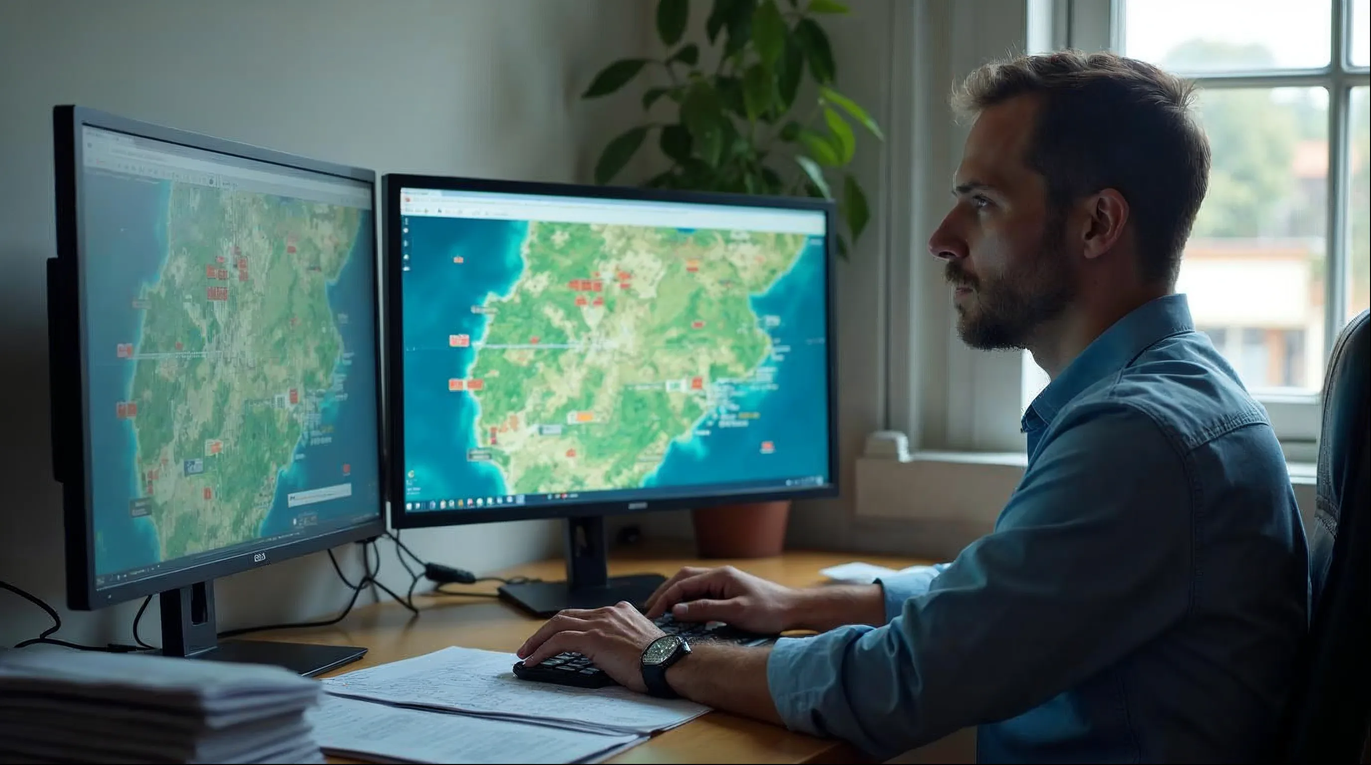 Técnico de meio ambiente analisa mapa de propriedades rurais em computador na prefeitura