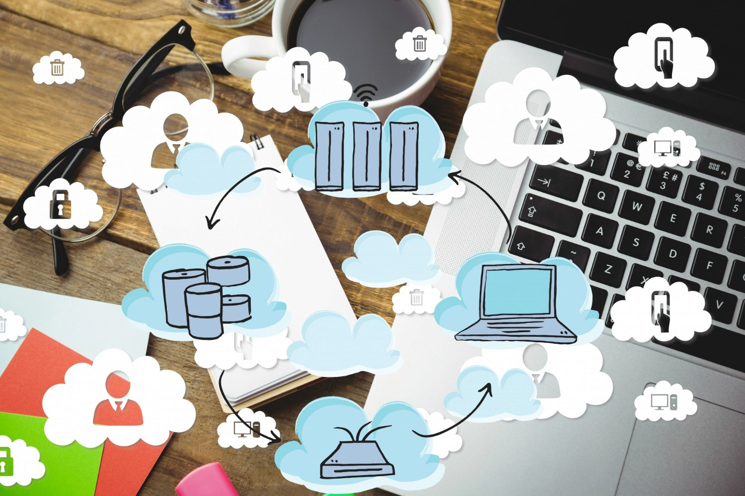 Ícones tecnológicos representando integração digital de dados