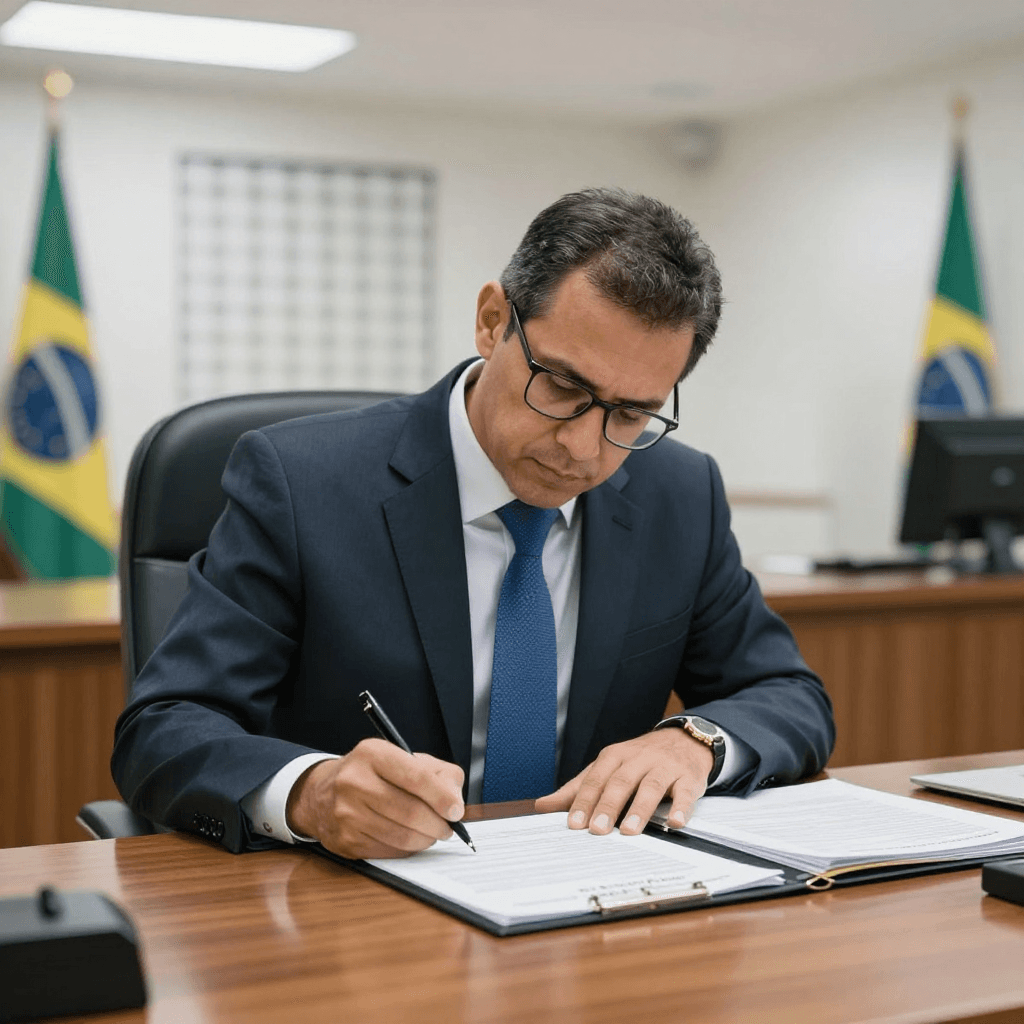 Gestor público assinando documento oficial em gabinete com bandeiras do Brasil ao fundo