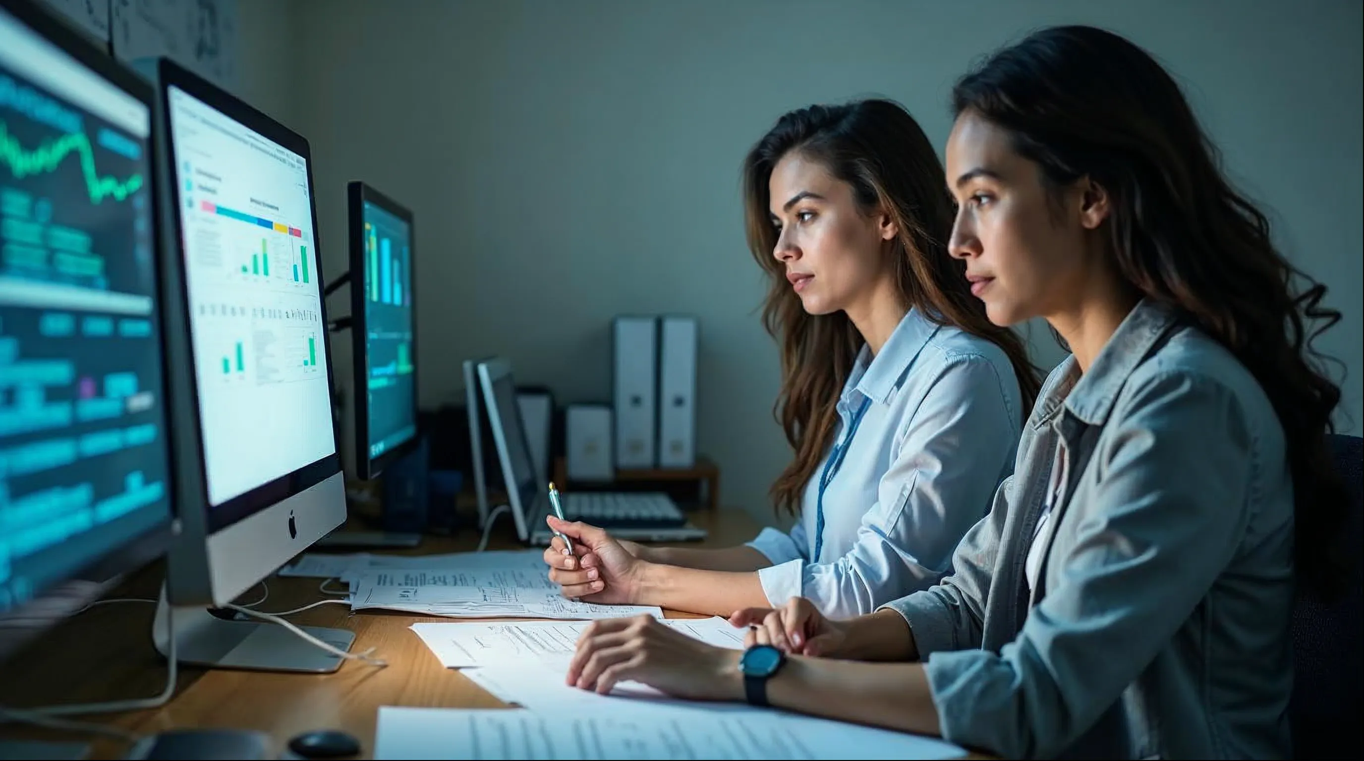 Dois servidores da secretaria municipal de educação conferindo relatórios de matrícula em computador e planilhas impressas