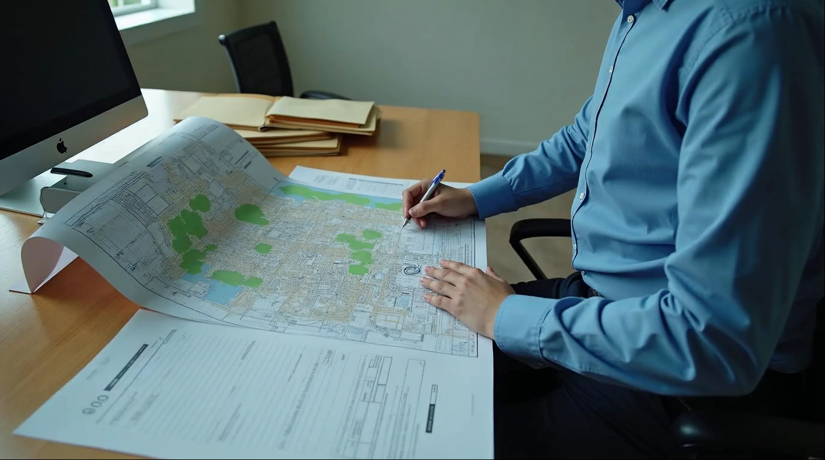 Servidora da secretaria de planejamento urbano analisando mapa de zoneamento impresso ao lado do computador