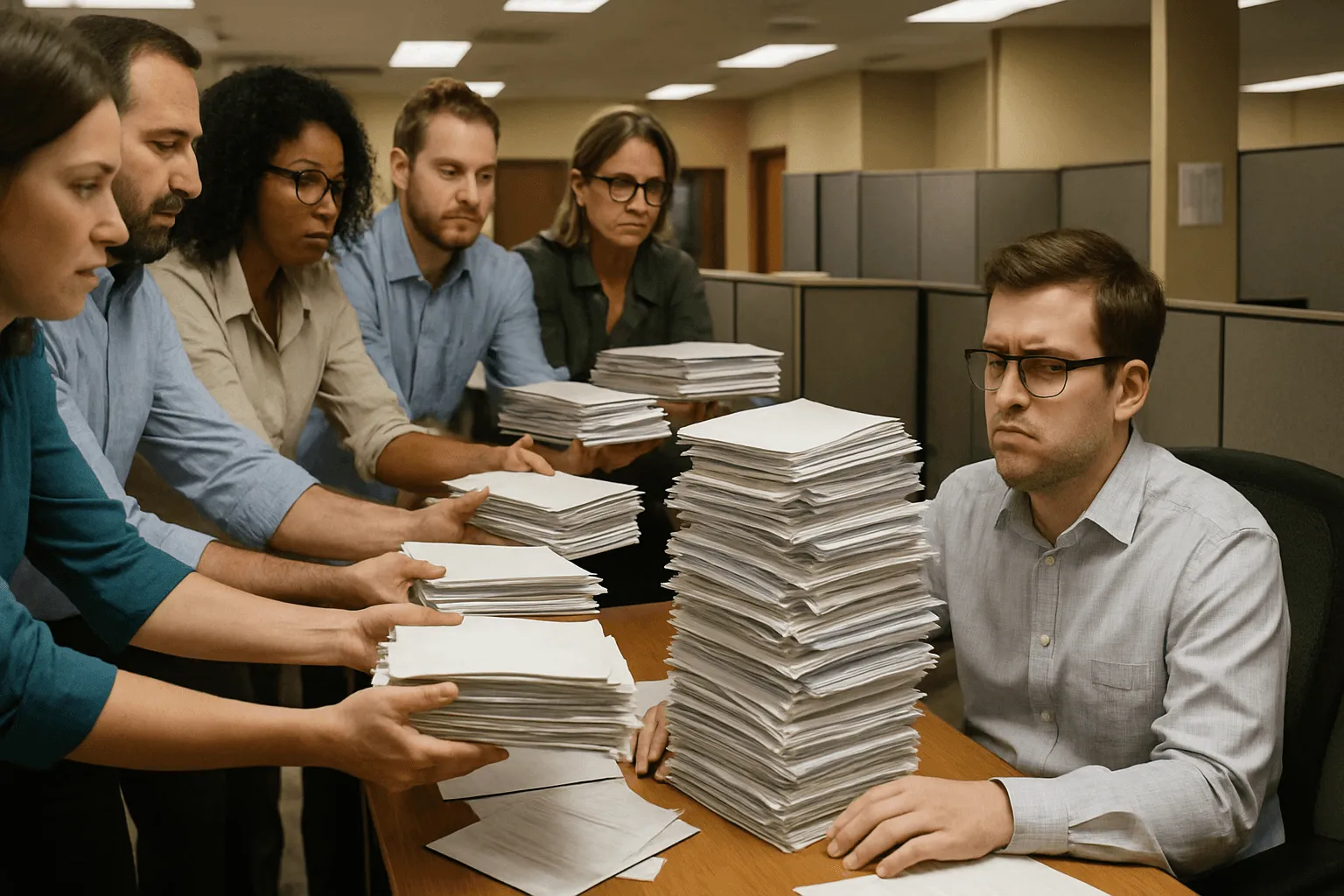 Homem em ambiente de escritório público com expressão preocupada, cercado por colegas que lhe entregam pilhas de papéis, simbolizando burocracia e ineficiência.