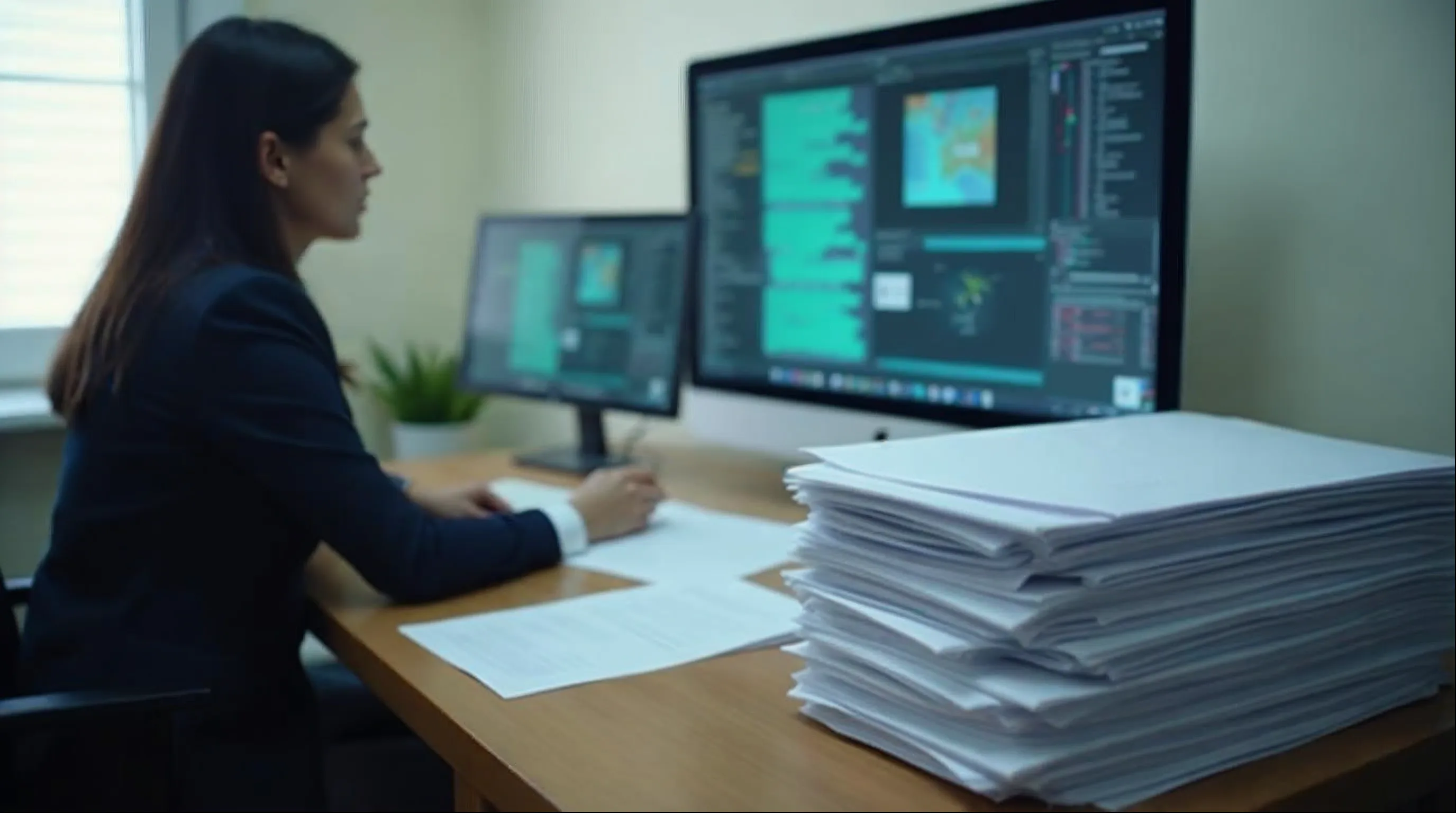Servidora de secretaria municipal de meio ambiente analisando processo de licenciamento ambiental no computador