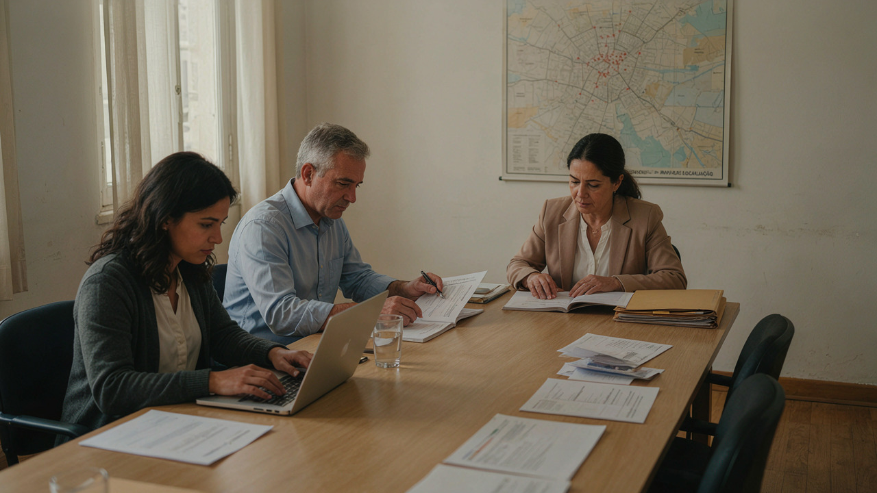 Três servidores públicos reunidos em torno de uma mesa em sala da prefeitura, analisando documentos e atas do conselho municipal de educação