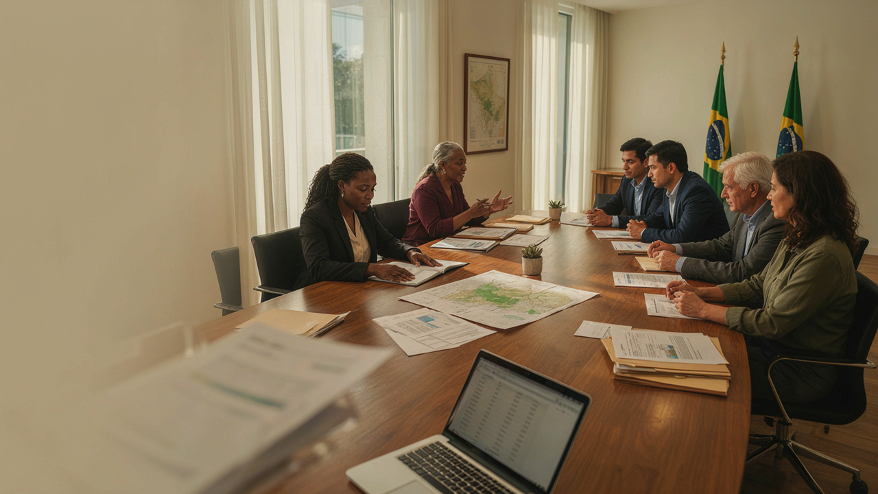 Membros de um conselho municipal de meio ambiente reunidos em torno de uma mesa em sala da prefeitura, analisando mapa e documentos de licenciamento ambiental