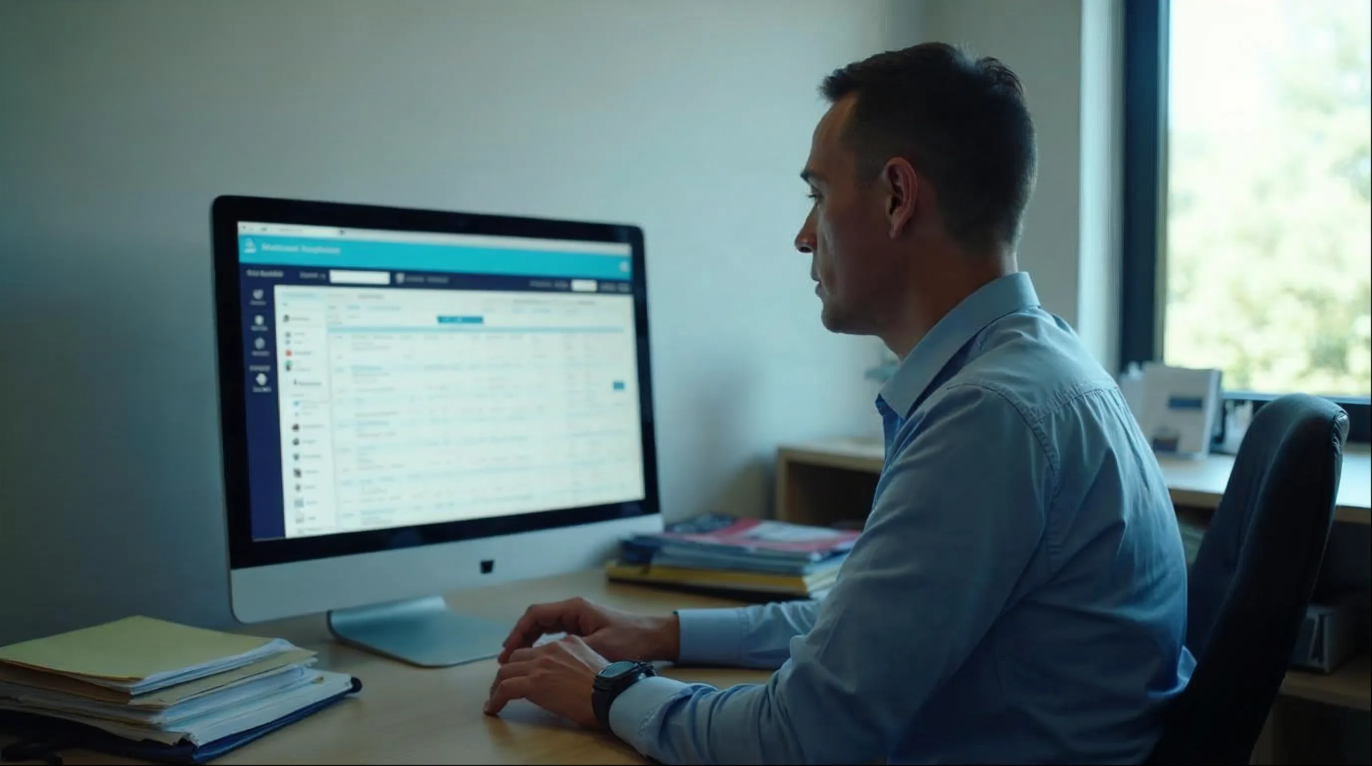 Agente público analisando o Sistema de Compras Expressas (SICX) em computador de prefeitura
