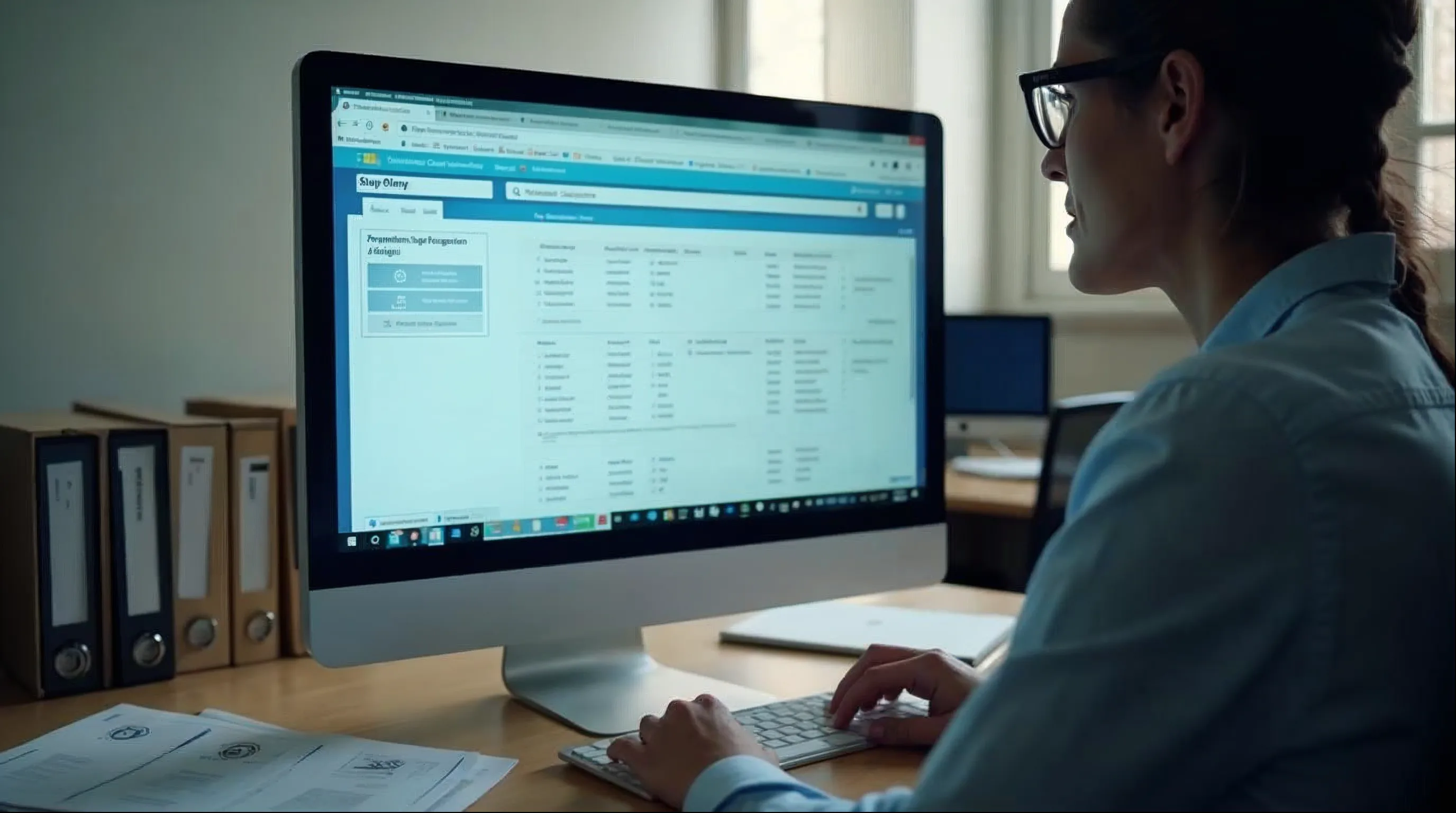 Servidor público analisa documentos de credenciamento de fornecedores no computador