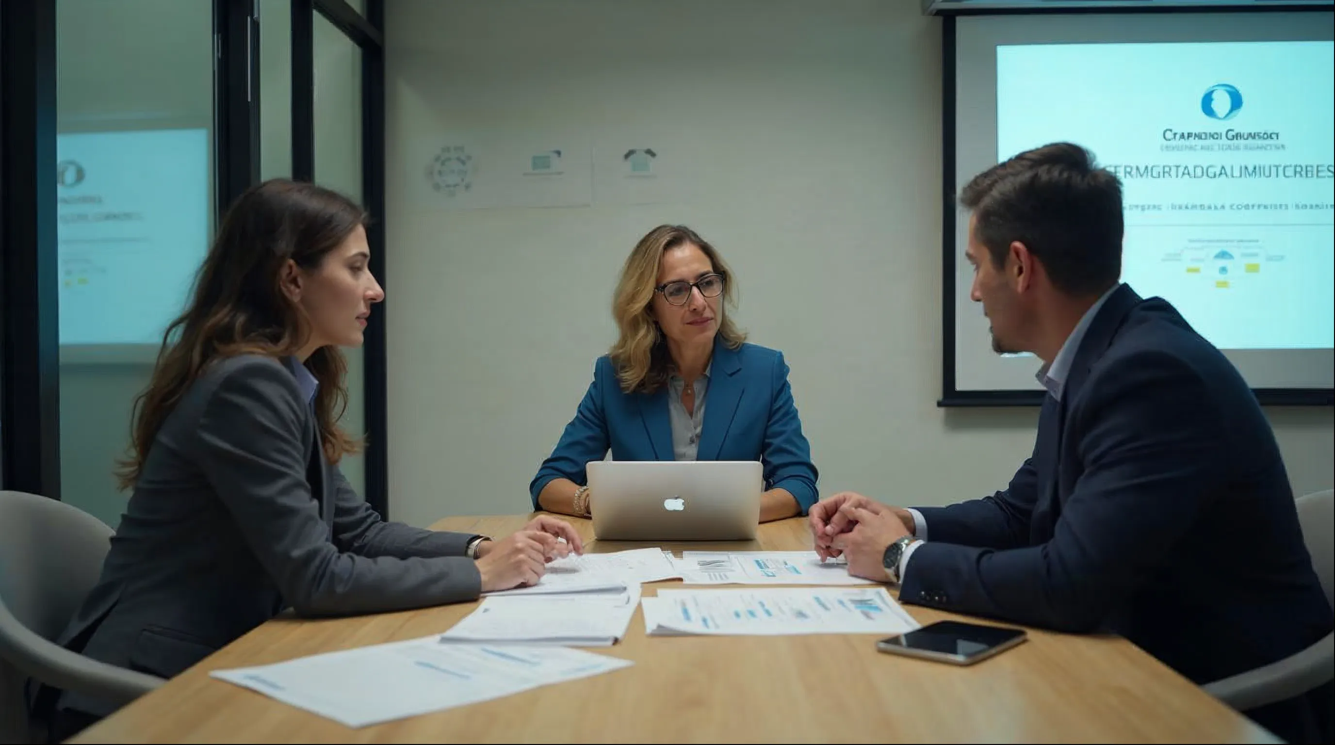 Reunião do Conselho Municipal de Saúde analisando documentos impressos de planejamento e um notebook em sala de reunião simples