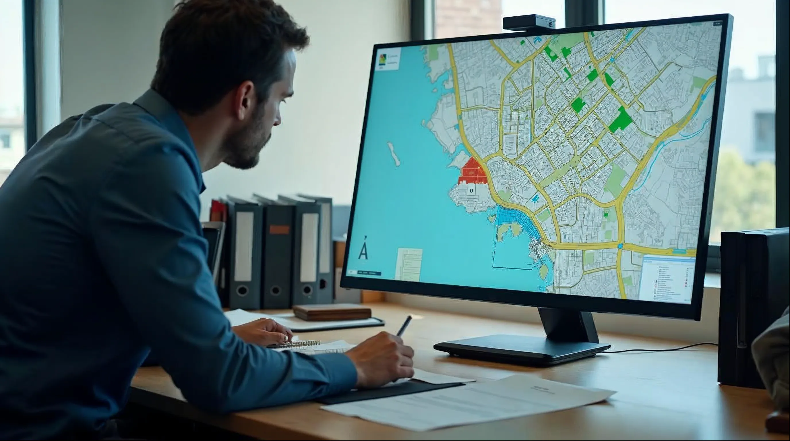 Gestor público analisando mapa de zoneamento urbano municipal