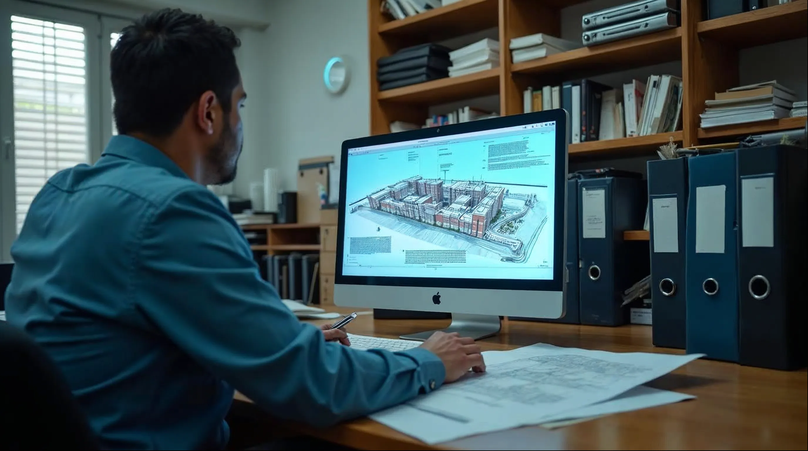 Servidor municipal analisa estudo de impacto de vizinhança em computador durante processo de licenciamento