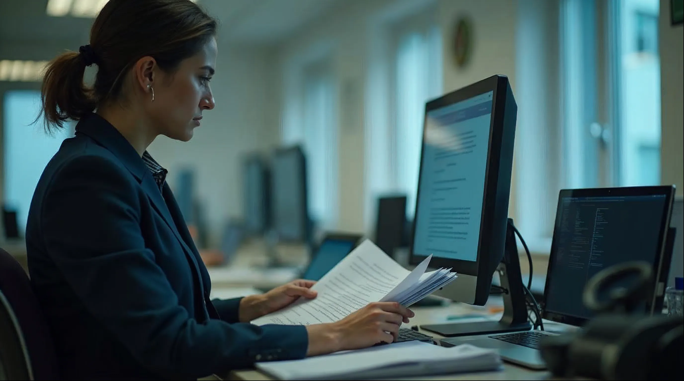 Analista de administração pública revisando documentos em um escritório municipal, sem texto legível nos papéis.