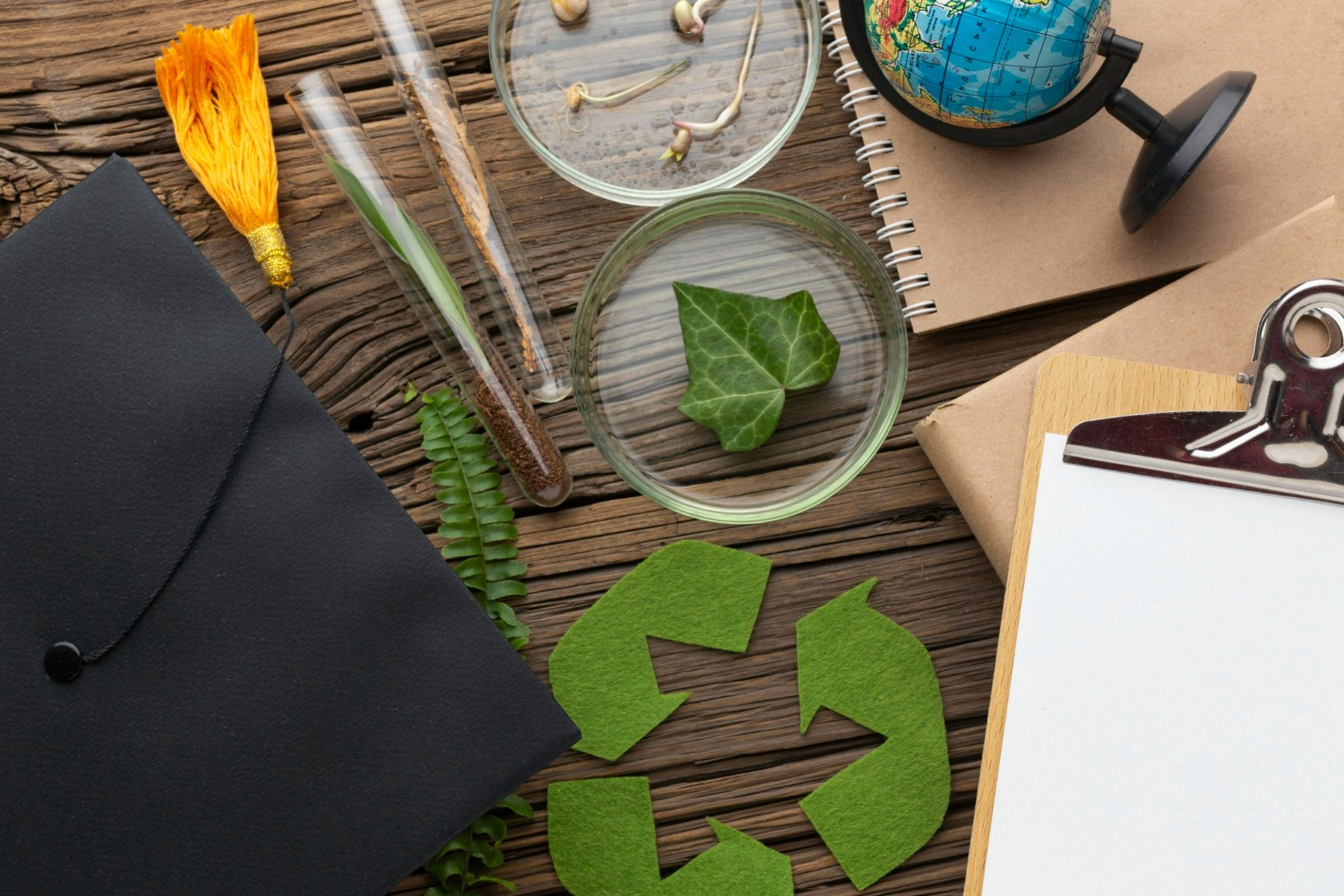 Mesa com globo, plantas, símbolo de reciclagem e prancheta, representando estudo ambiental