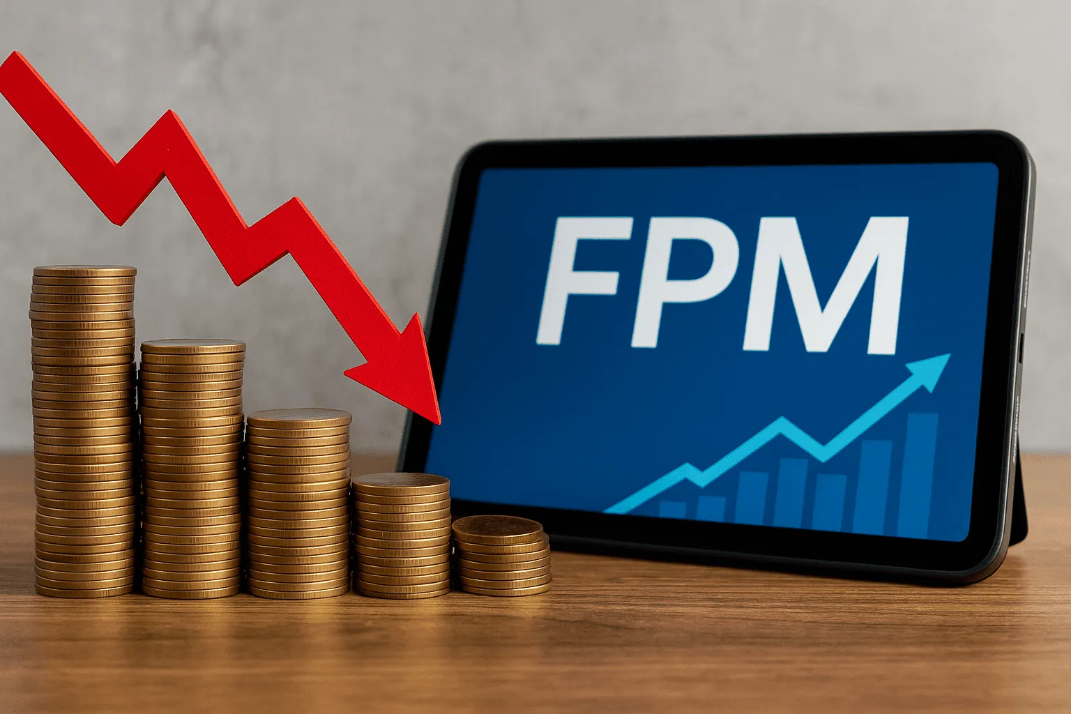 Fotografia realista mostrando pilha de moedas em queda com seta vermelha apontando para baixo, ao lado de um tablet exibindo a sigla FPM e gráfico azul em crescimento, simbolizando a queda de repasses e a gestão eficiente dos recursos municipais.