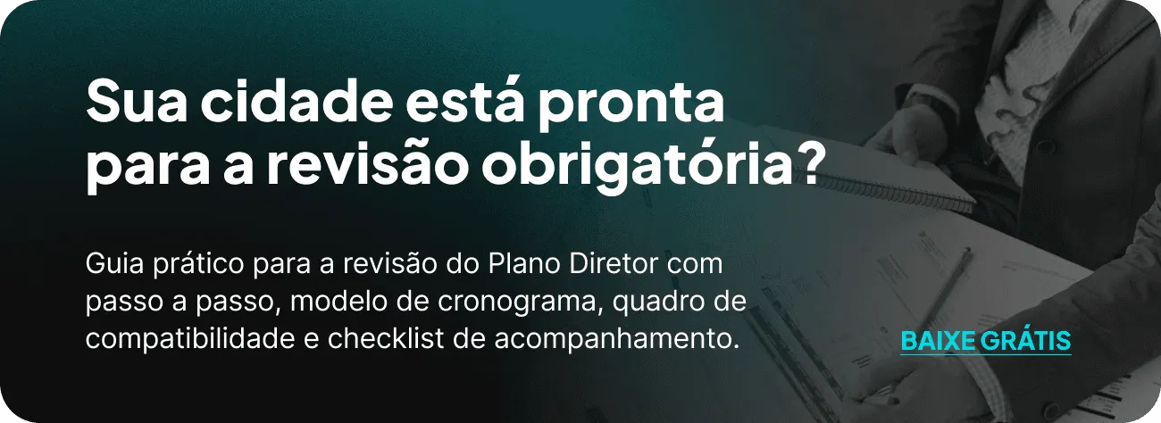 Banner com chamada para guia prático de revisão do Plano Diretor, modelo de cronograma e checklist de gestão urbana