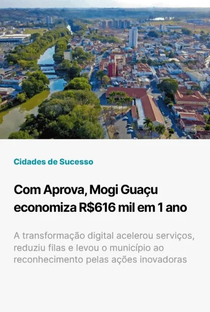 Card de cidade de sucesso mostrando Mogi Guaçu com economia de R$ 616 mil em um ano com transformação digital.