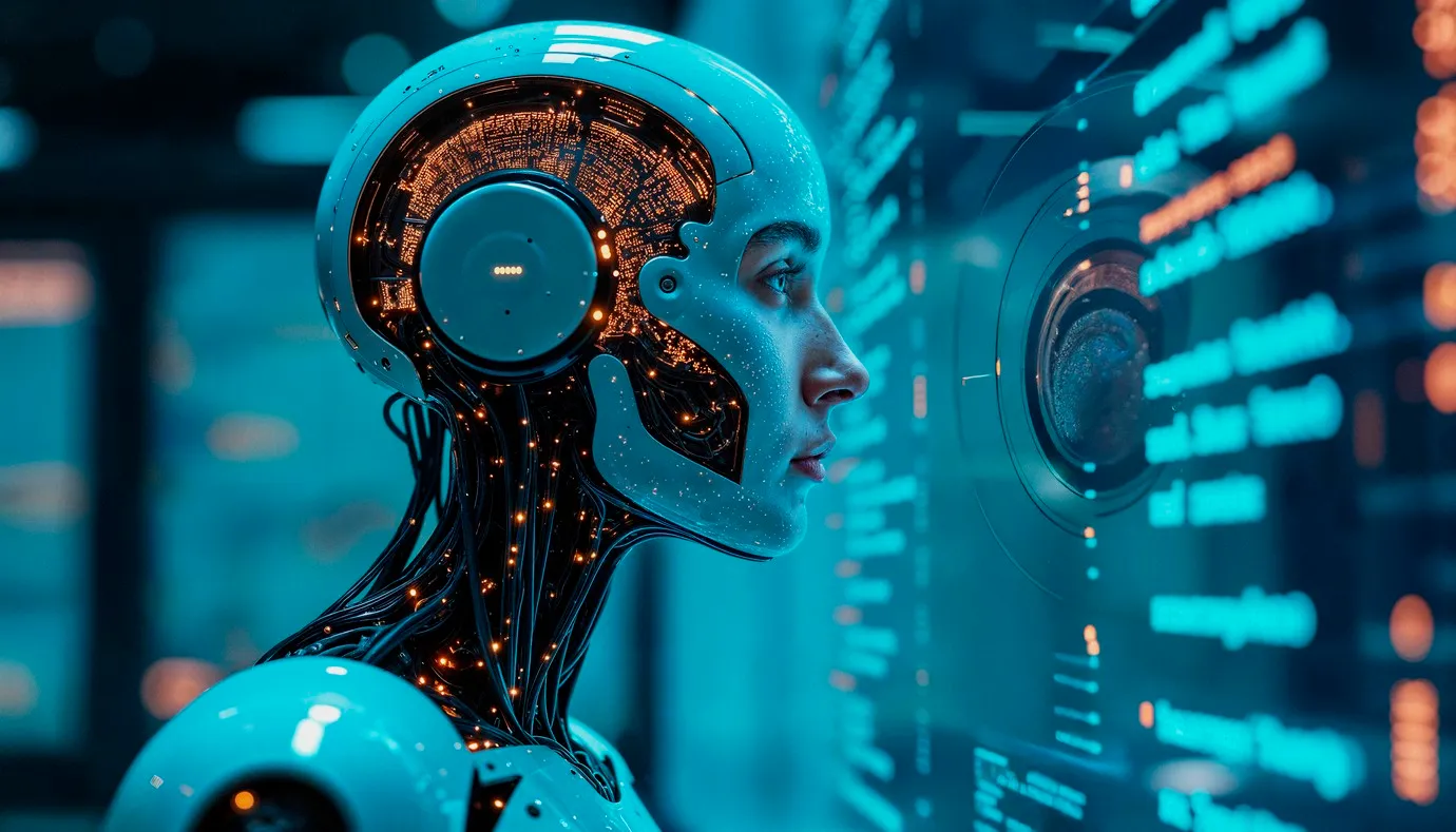 Humanoide com inteligência artificial interagindo com tela digital, simbolizando a aplicação de IA avançada na gestão de dados públicos