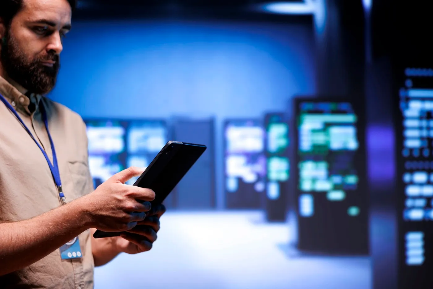 Profissional analisando dados em tablet dentro de um data center, representando a infraestrutura digital e conectividade tecnológica no Brasil.