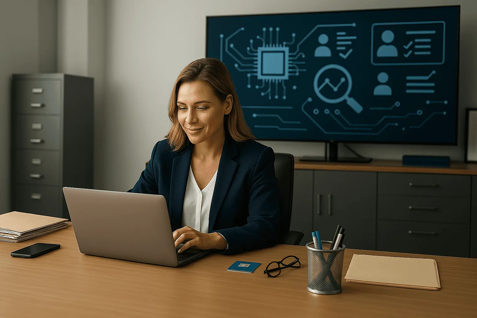 Pessoa utilizando tablet com ícones de tecnologia e conexão