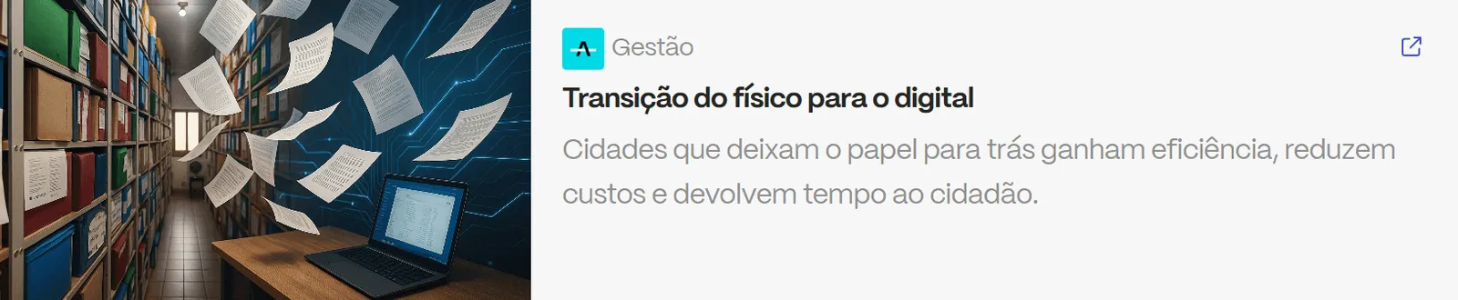 Pilha de arquivos físicos se transformando em documentos digitais sobre um notebook — representação da transição do físico para o digital nas prefeituras.