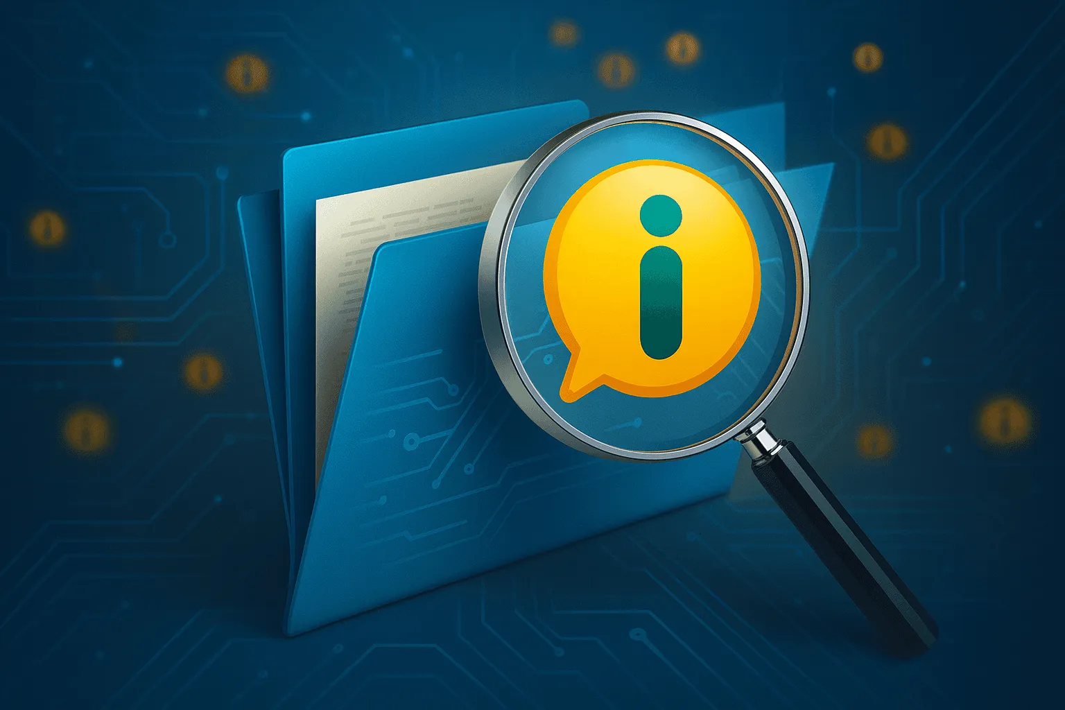 Lupa sobre pasta digital com ícone de informação, simbolizando a transparência e o acesso a dados públicos garantidos pela Lei de Acesso à Informação.
