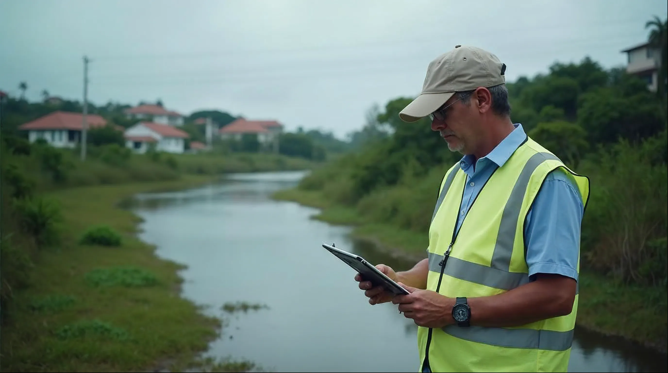 Fiscal ambiental municipal em vistoria de área com vegetação nativa, com tablet e prancheta