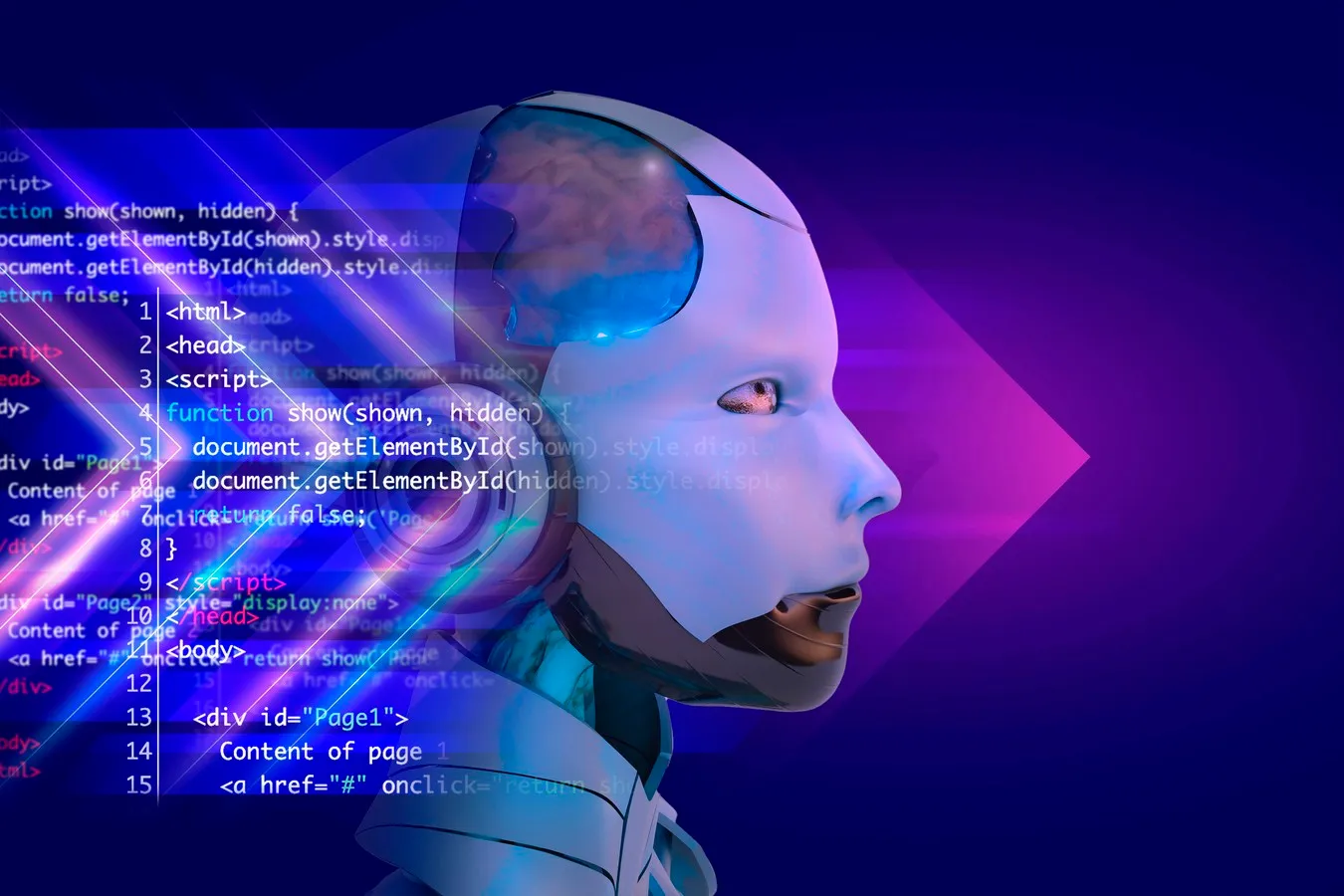 Representação visual de inteligência artificial com rosto robótico e códigos sobrepostos, simbolizando o uso de machine learning no setor público.