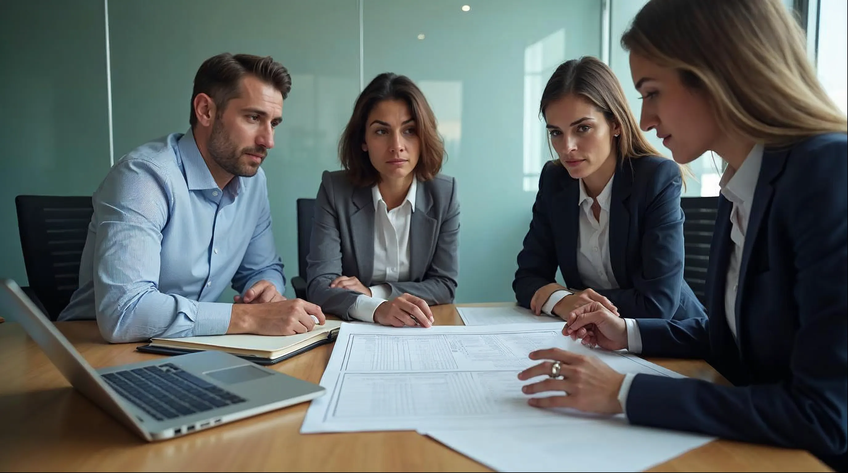 Equipe de compras de uma prefeitura revisando a tabela de riscos de um contrato