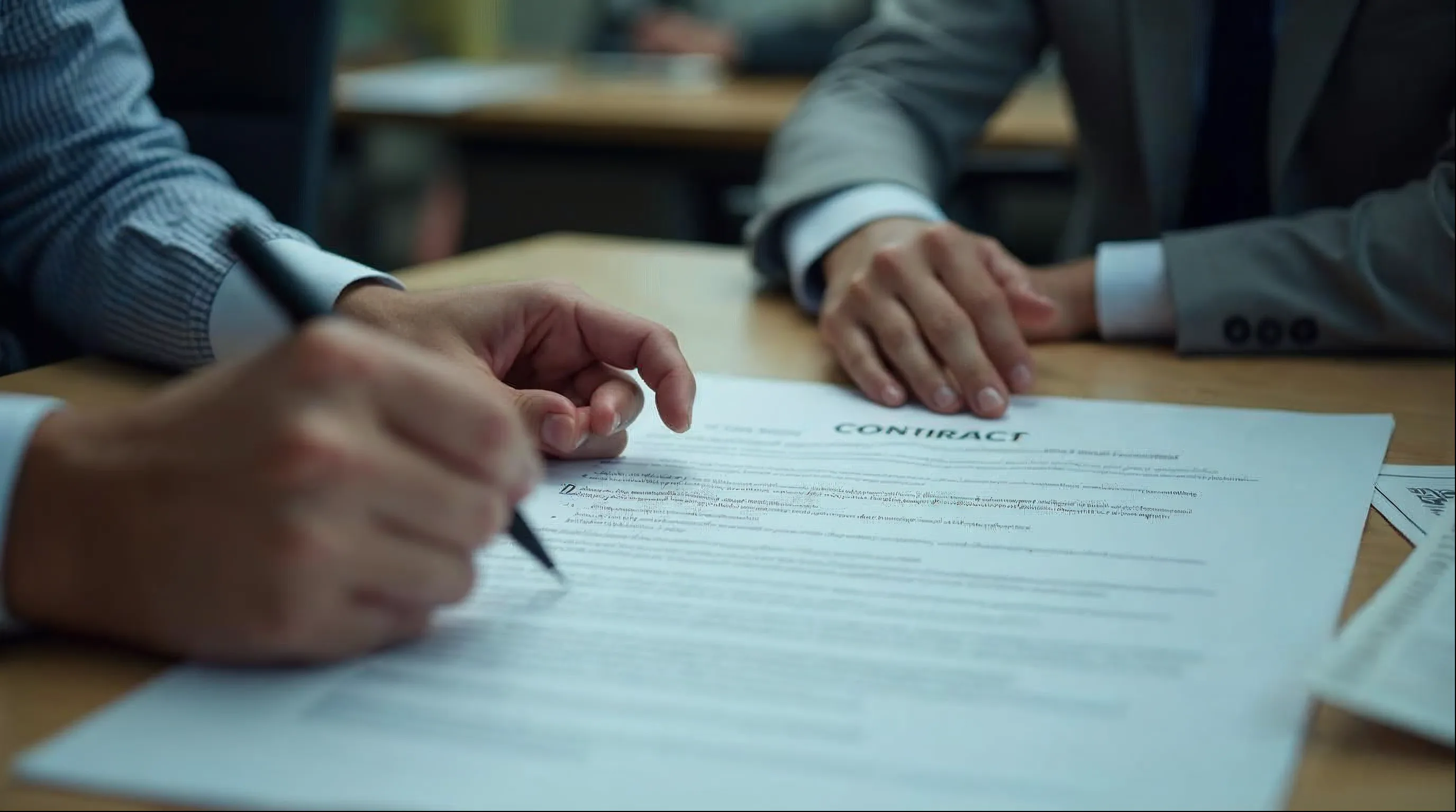 Servidores revisando cláusulas e responsabilidades de um contrato administrativo