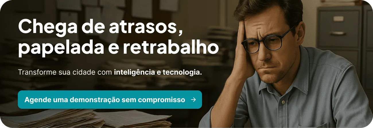 Banner sobre gestão documental digital: “Chega de atrasos, papelada e retrabalho”. CTA para agendar demonstração de solução tecnológica para prefeituras.