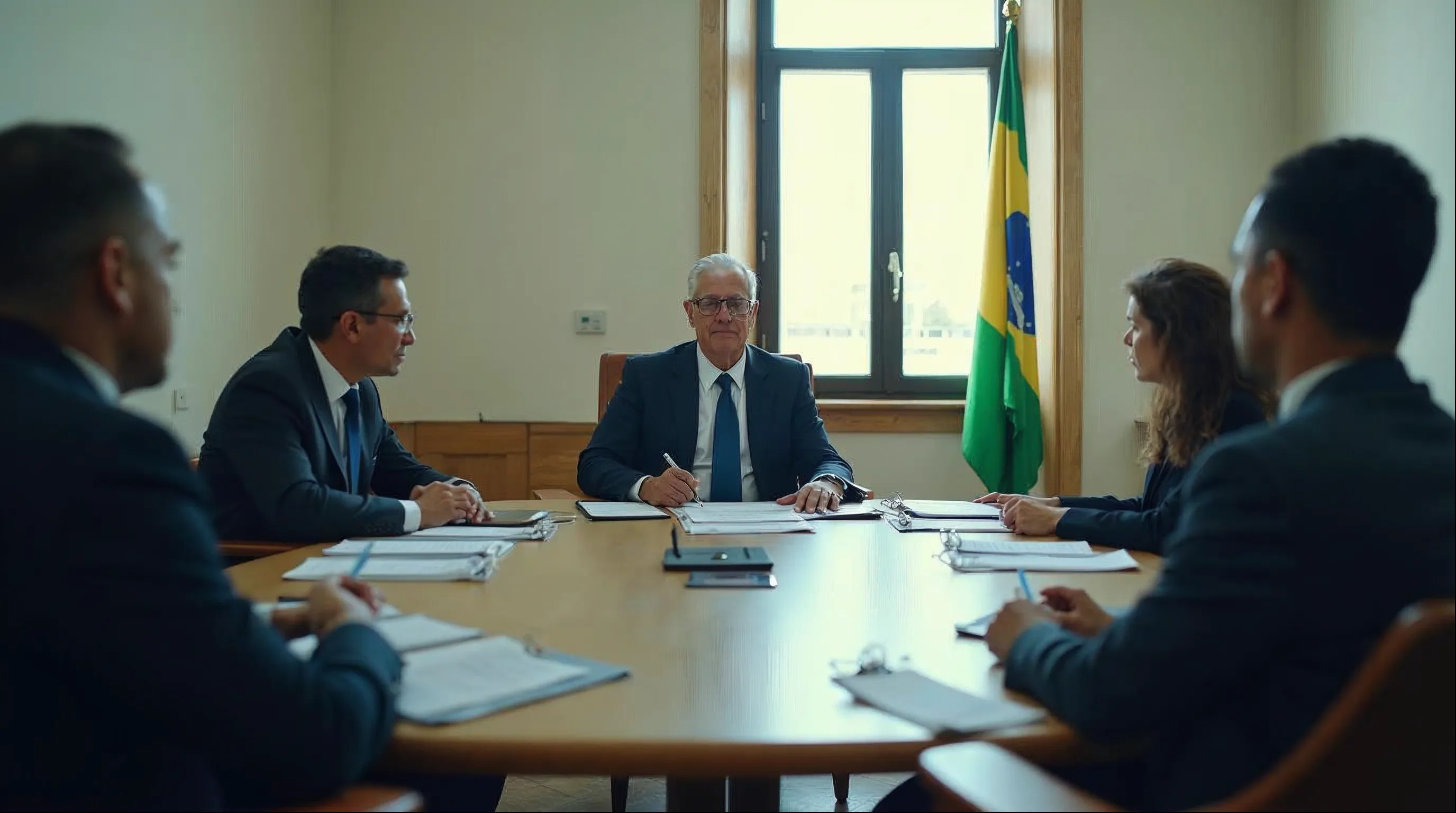 Comissão municipal reunida em sala de reuniões da prefeitura registrando decisões em ata