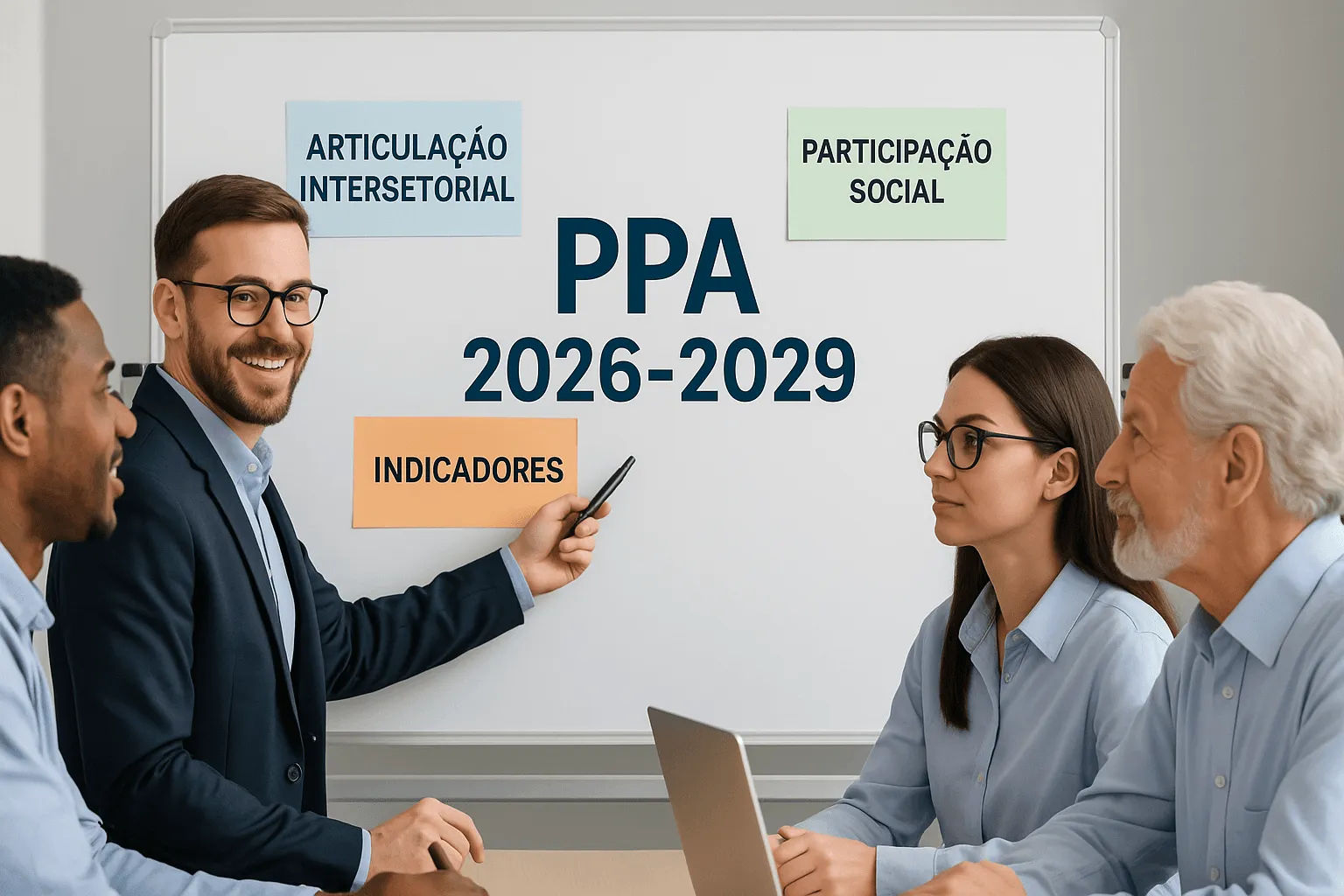 Reunião entre gestores municipais com documentos e painel estratégico sobre o PPA 2026–2029