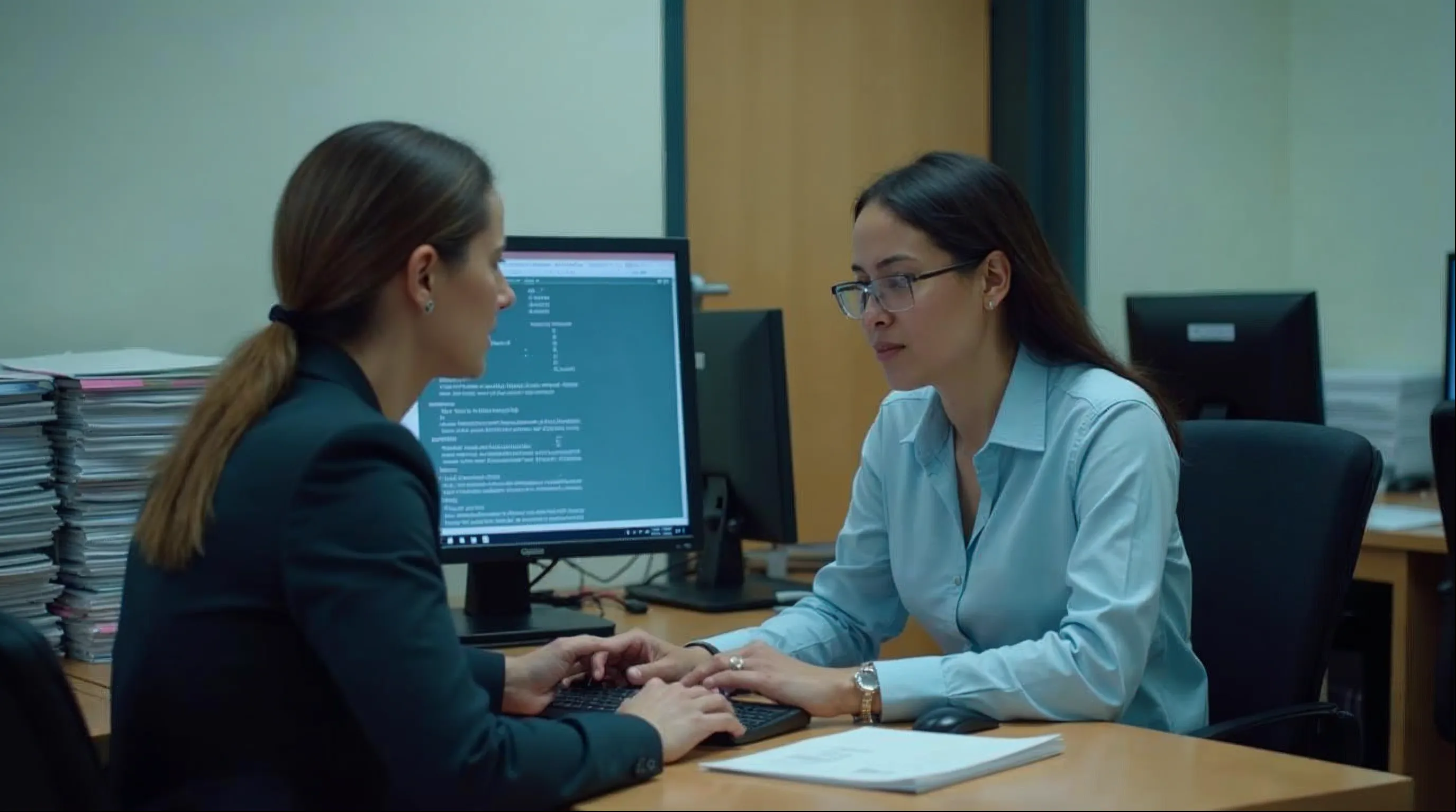 Servidores de uma secretaria municipal de finanças analisando registros de notas fiscais de serviço no computador