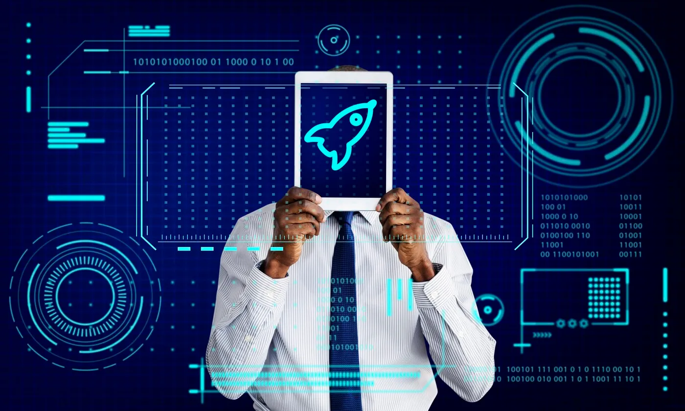 Pessoa utilizando tablet com ícones de tecnologia e conexão