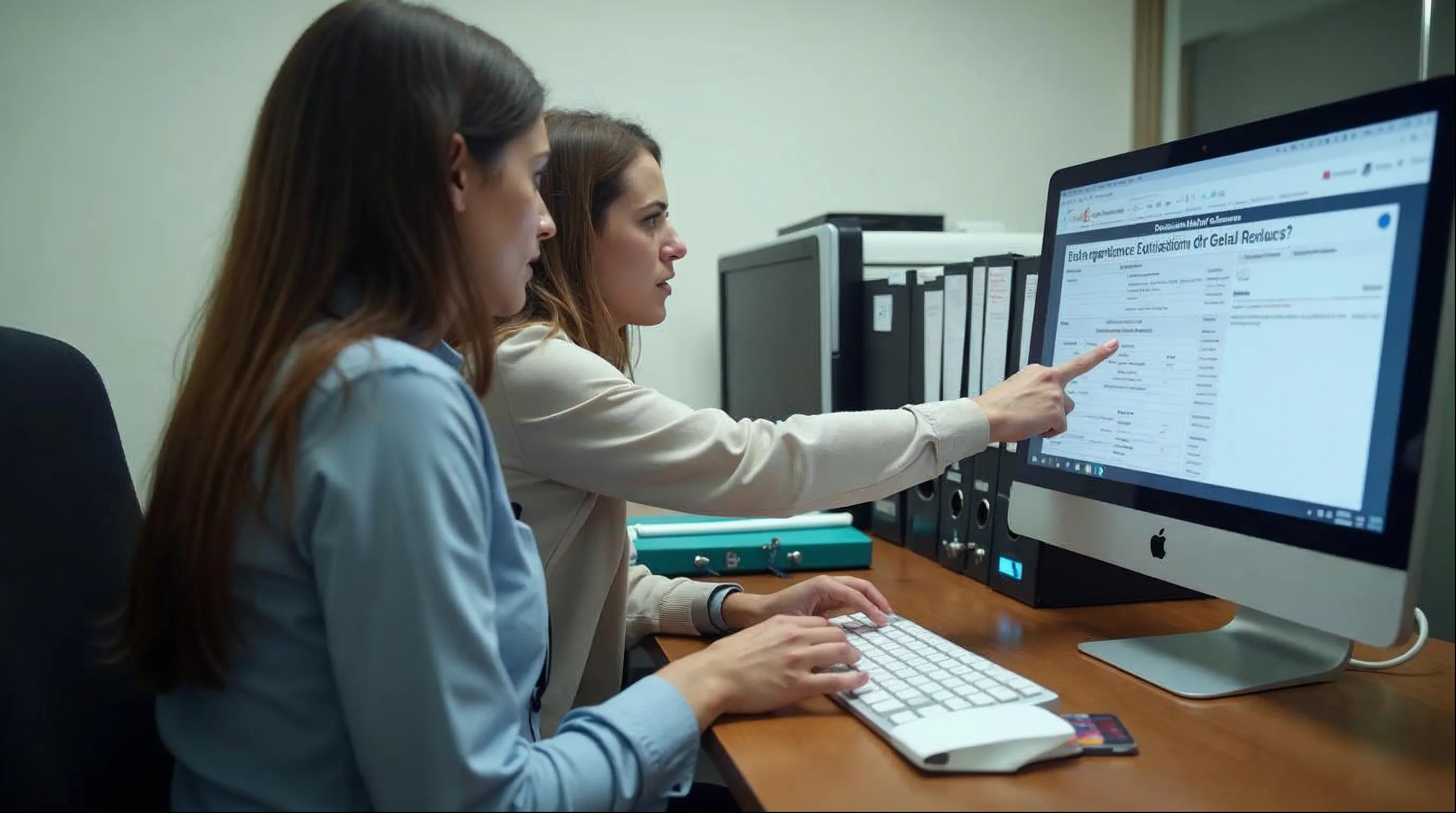 Servidores do RH de uma prefeitura analisando um formulário de avaliação de desempenho no computador