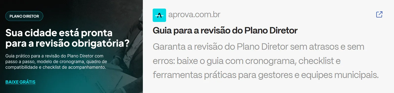 Box de divulgação do guia para a revisão do Plano Diretor com checklist, cronograma e ferramentas práticas.