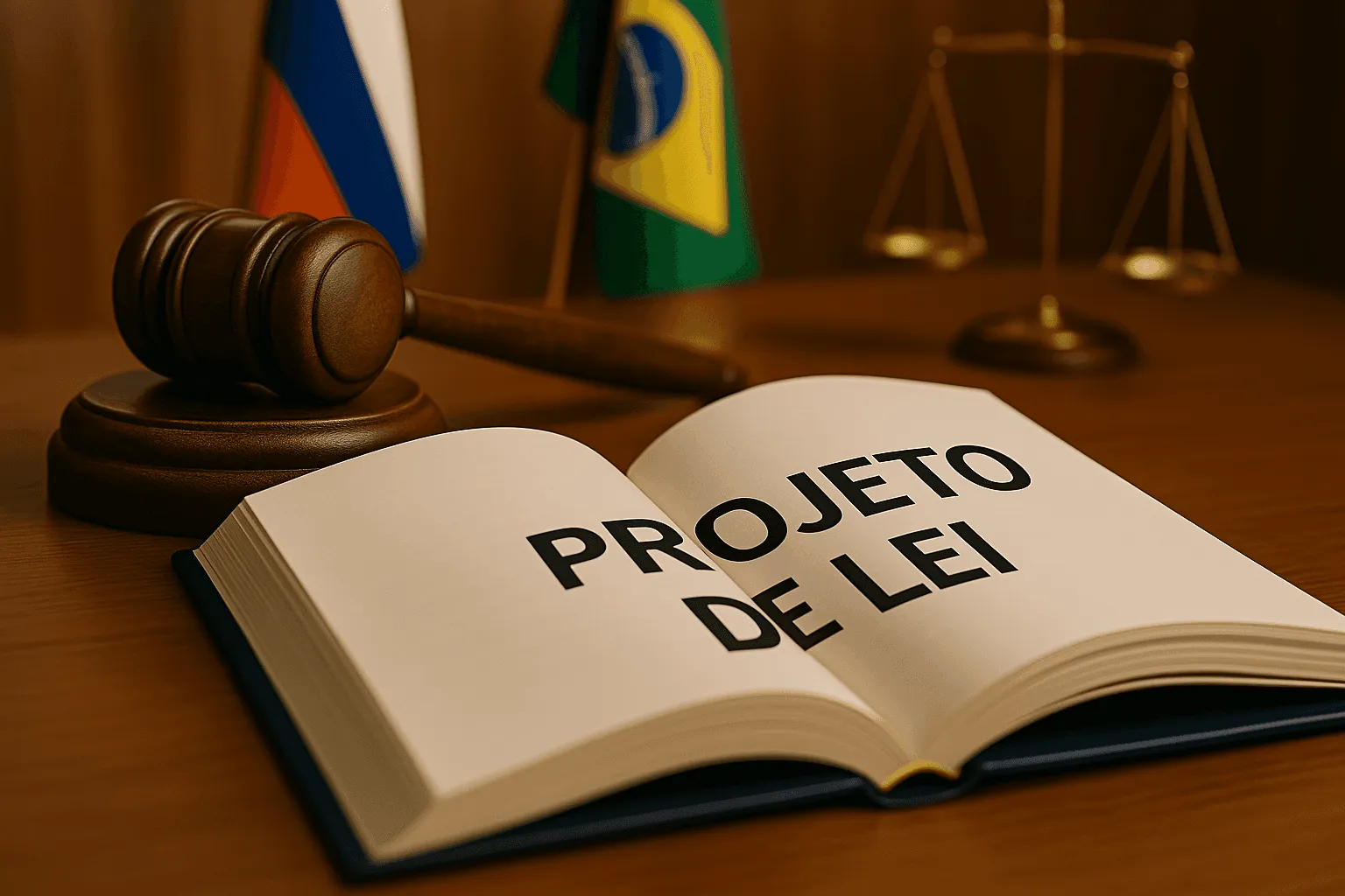 Composição jurídica com martelo de juiz, balança da justiça e livro aberto com a palavra "Projeto", sobre mesa de madeira em ambiente oficial.