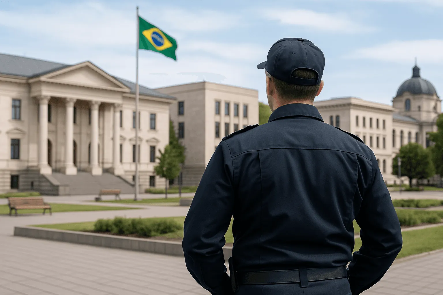 Agente de segurança de costas observa prédios públicos com bandeira do Brasil hasteada, simbolizando proteção ao patrimônio público.