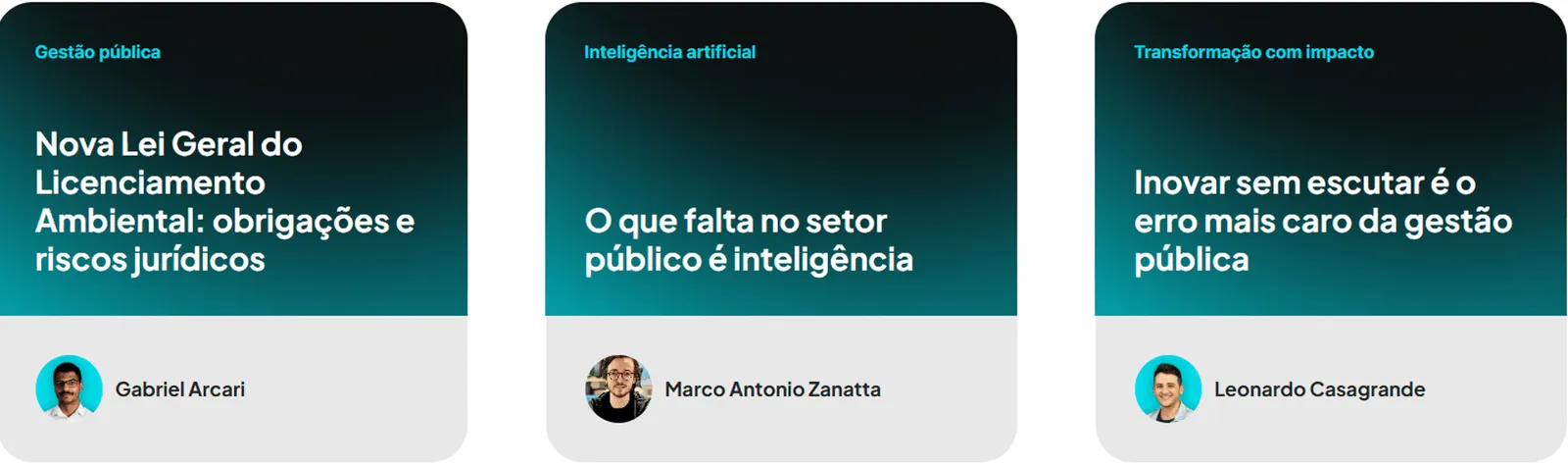 Cards de artigos do blog da Aprova com destaques sobre gestão pública, inteligência artificial e inovação, assinados por especialistas.